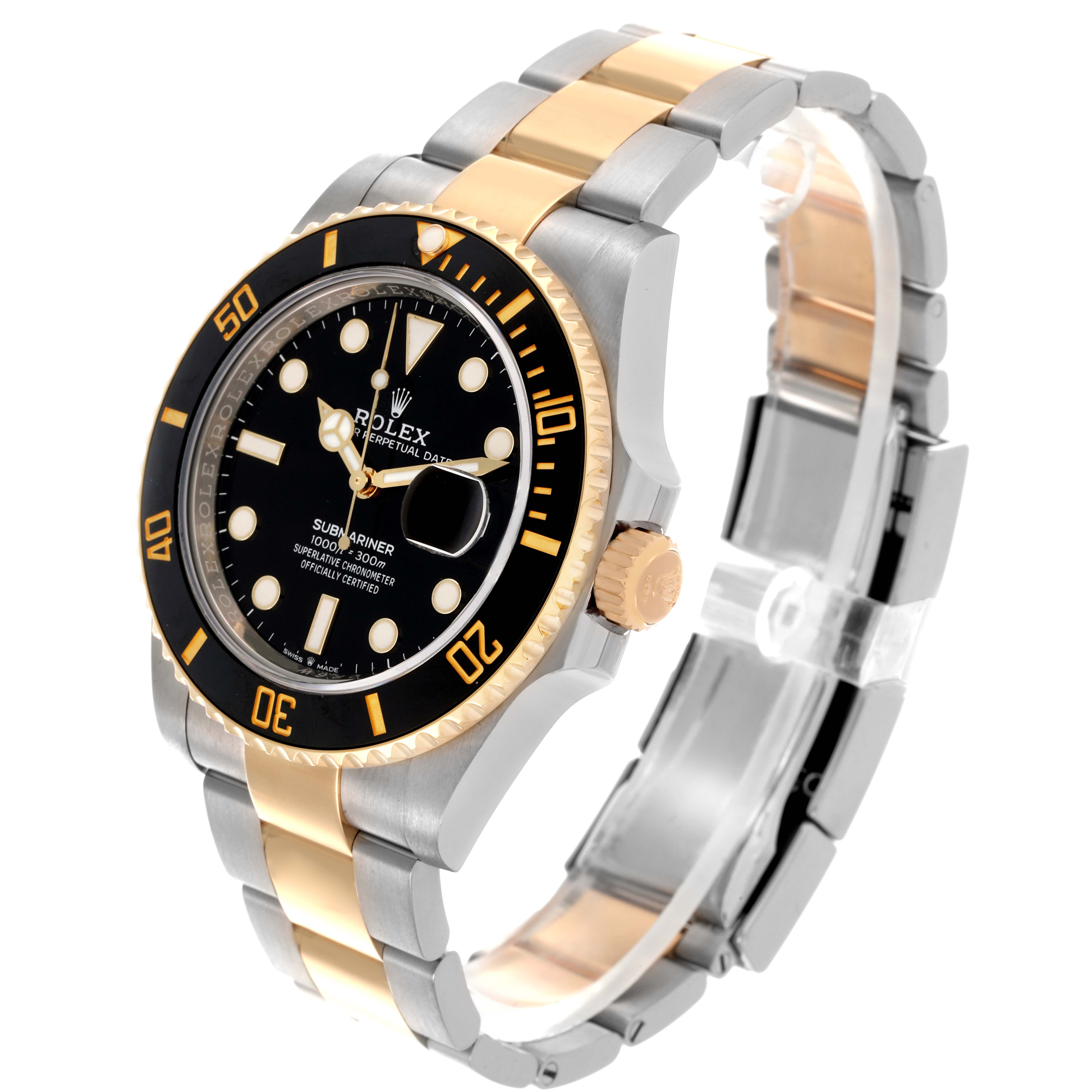The Rolex Submariner 126613LN Men's Steel and Gold (two tone) Black Dial 126613LN Men's Steel and Gold (two tone) Black Dial watch is shown at an angle highlighting its black and gold bezel, dial, and two-tone bracelet.