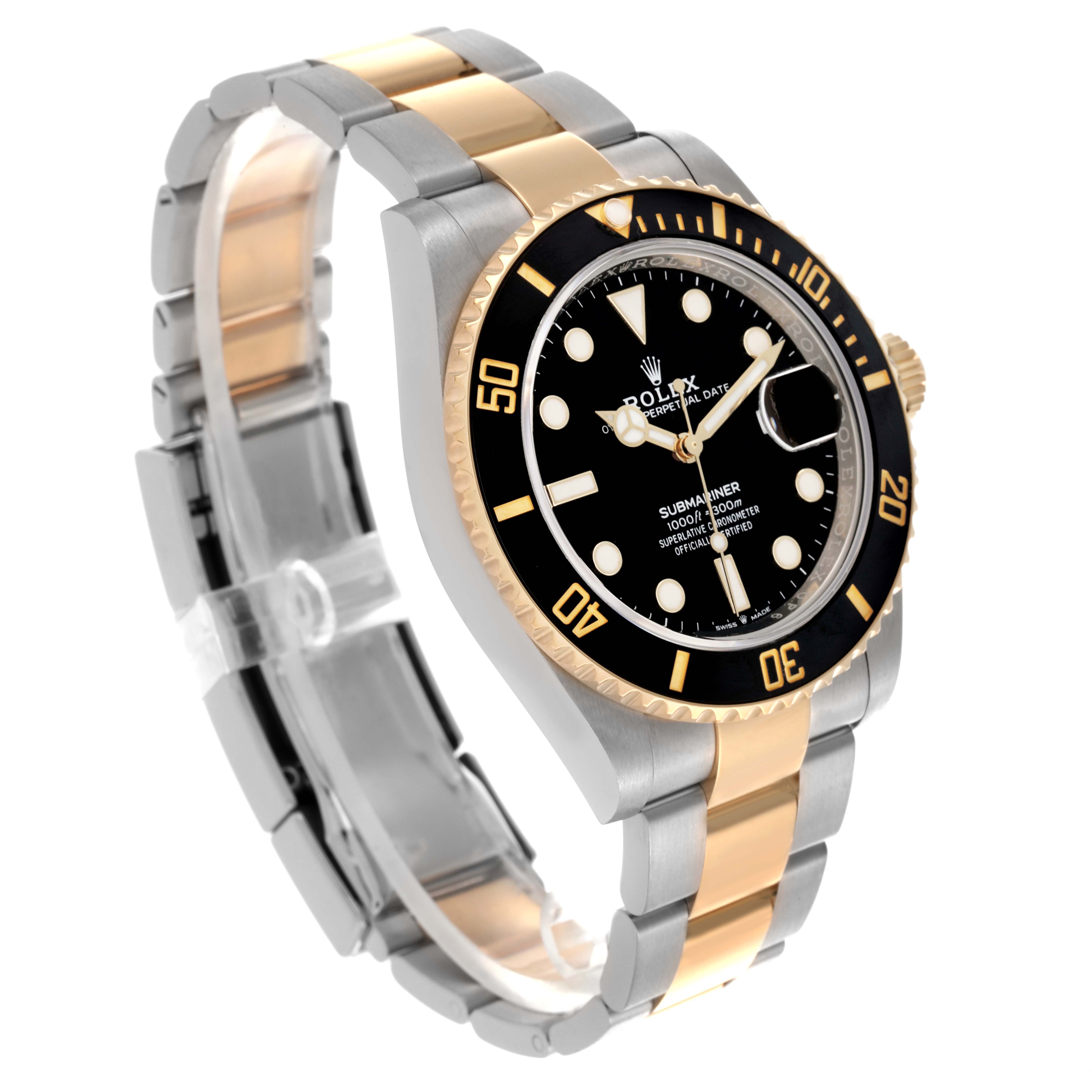 The Rolex Submariner 126613LN Men's Steel and Gold (two tone) Black Dial 126613LN Men's Steel and Gold (two tone) Black Dial watch is shown from an angle highlighting its black dial, bezel, and two-tone metal bracelet.