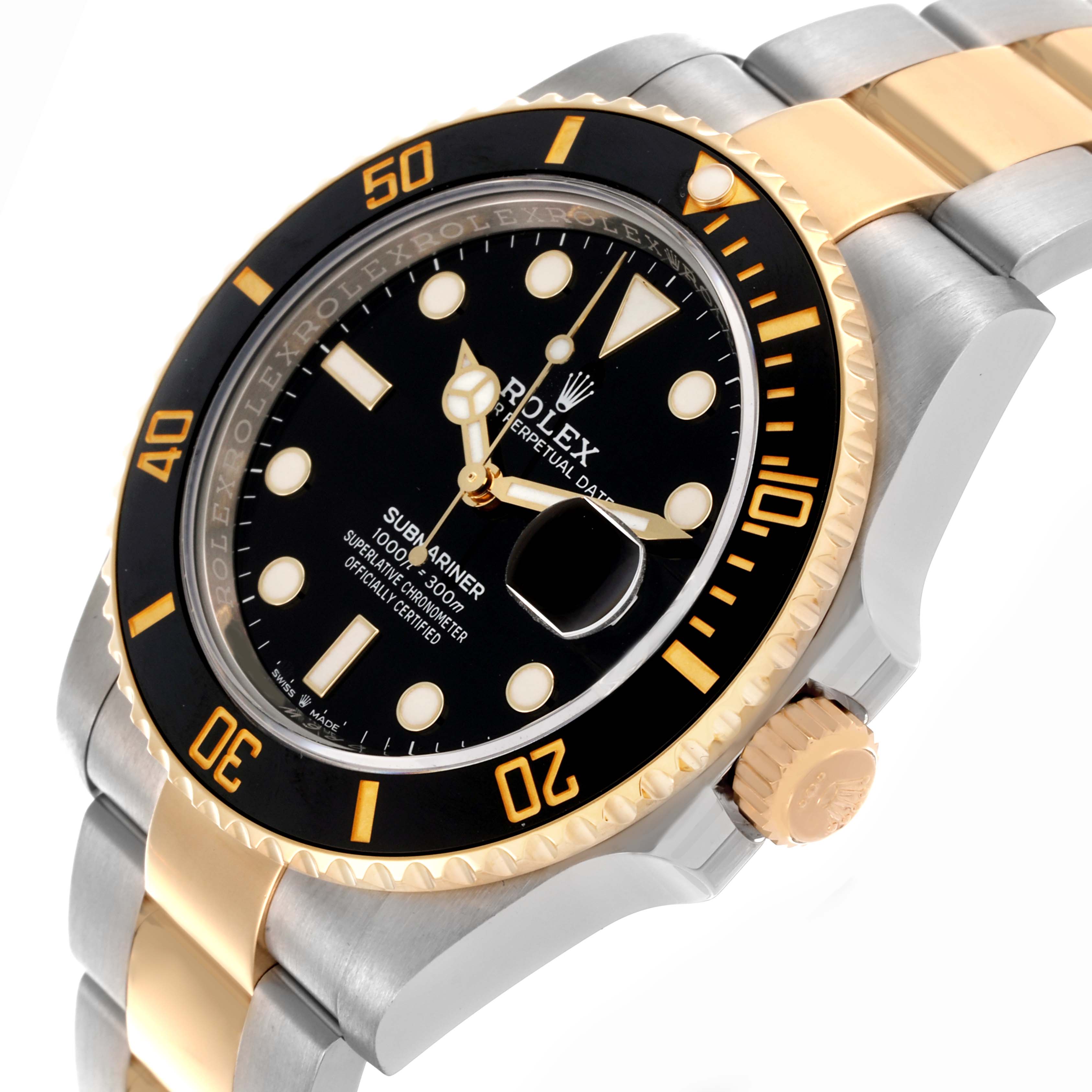 The Rolex Submariner 126613LN Men's Steel and Gold (two tone) Black Dial 126613LN Men's Steel and Gold (two tone) Black Dial watch is shown at an angled view, highlighting the bezel, crown, and bracelet.