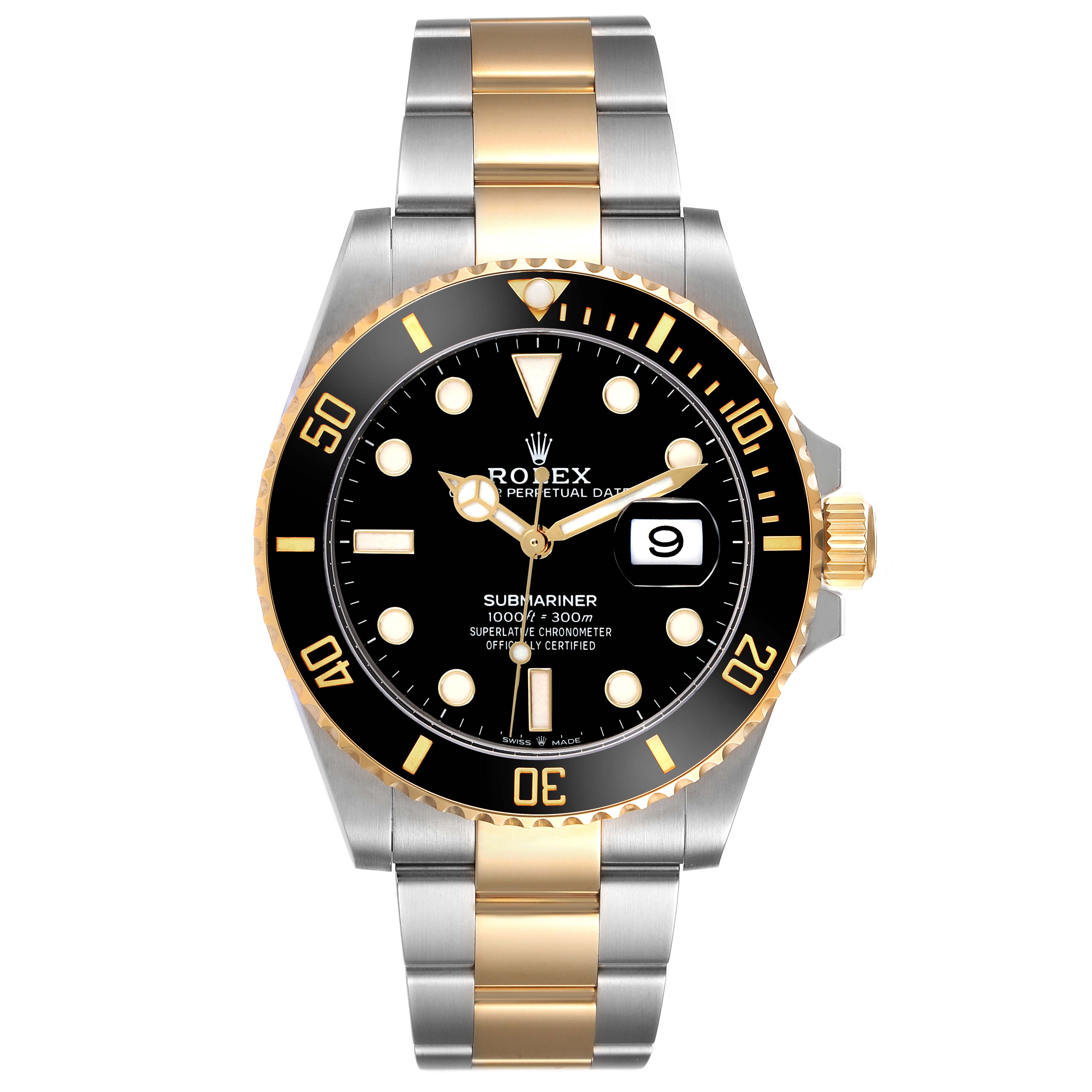 The Rolex Submariner 126613LN Men's Steel and Gold (two tone) Black Dial 126613LN Men's Steel and Gold (two tone) Black Dial watch is shown from a front view, displaying the face, bezel, and two-tone bracelet.