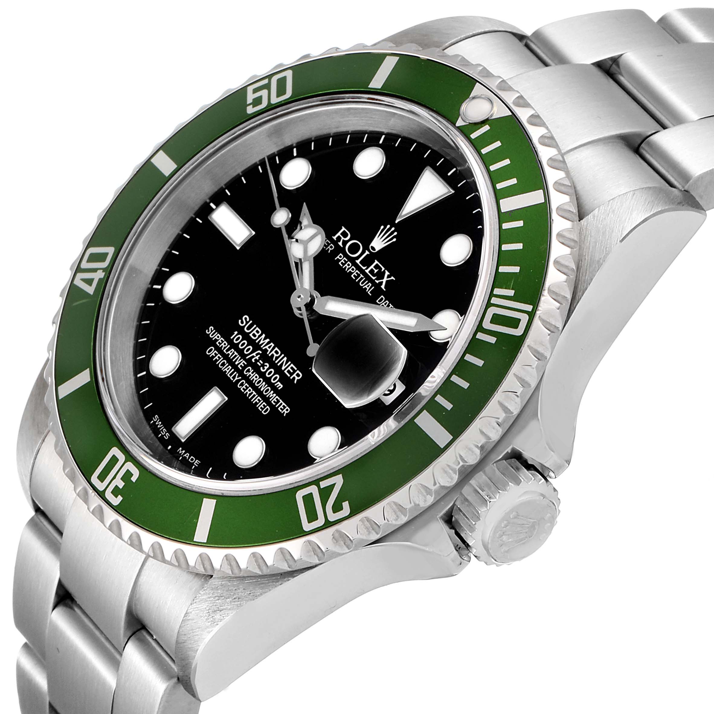 The image shows a Rolex Submariner 16610LV Men's Stainless Steel Black Dial 16610LV Men's Stainless Steel Black Dial watch at an angled close-up, highlighting its green bezel, black dial, and silver strap.