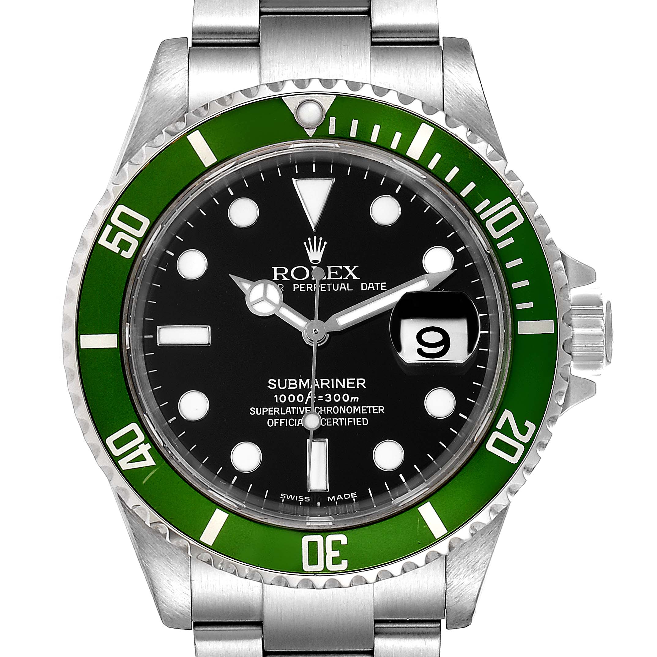 This image shows a frontal view of a Rolex Submariner 16610LV Men's Stainless Steel Black Dial 16610LV Men's Stainless Steel Black Dial watch with a green bezel and black dial.