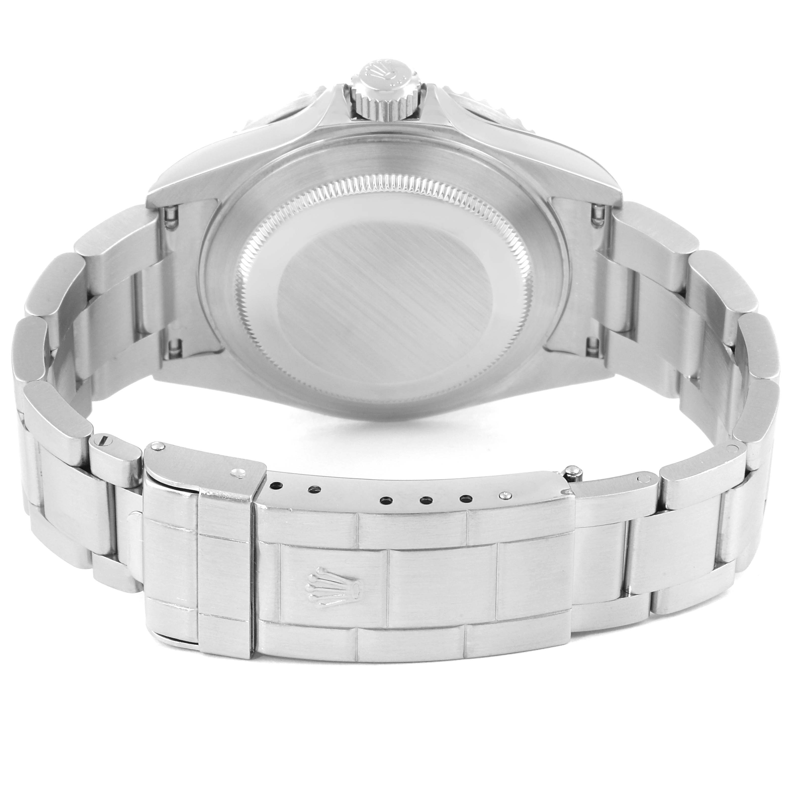 The image shows the back view of a Rolex Submariner 16610LV Men's Stainless Steel Black Dial 16610LV Men's Stainless Steel Black Dial watch, highlighting the case back, bracelet, and clasp.