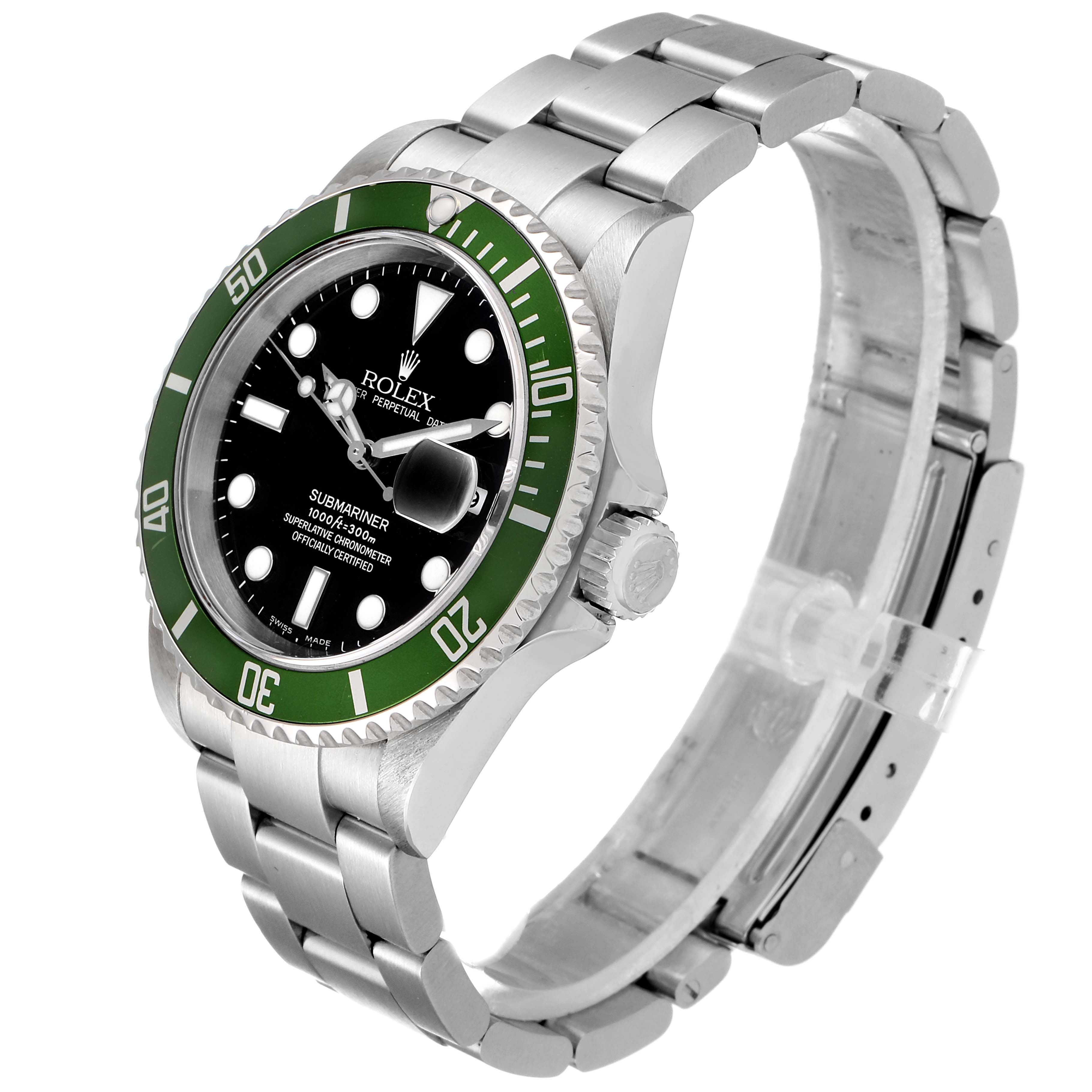The image shows a side angle of a Rolex Submariner 16610LV Men's Stainless Steel Black Dial 16610LV Men's Stainless Steel Black Dial watch, highlighting the bezel, dial, and bracelet.