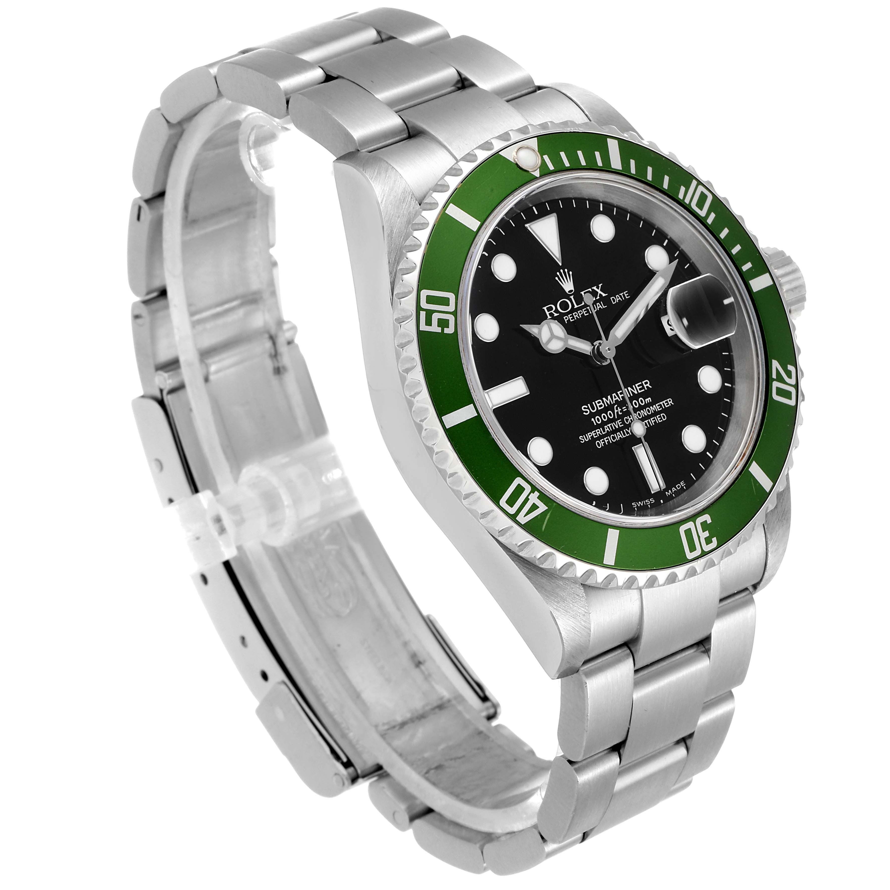 The Rolex Submariner 16610LV Men's Stainless Steel Black Dial 16610LV Men's Stainless Steel Black Dial watch is shown at an angled view, highlighting its green bezel, black dial, and stainless steel bracelet.