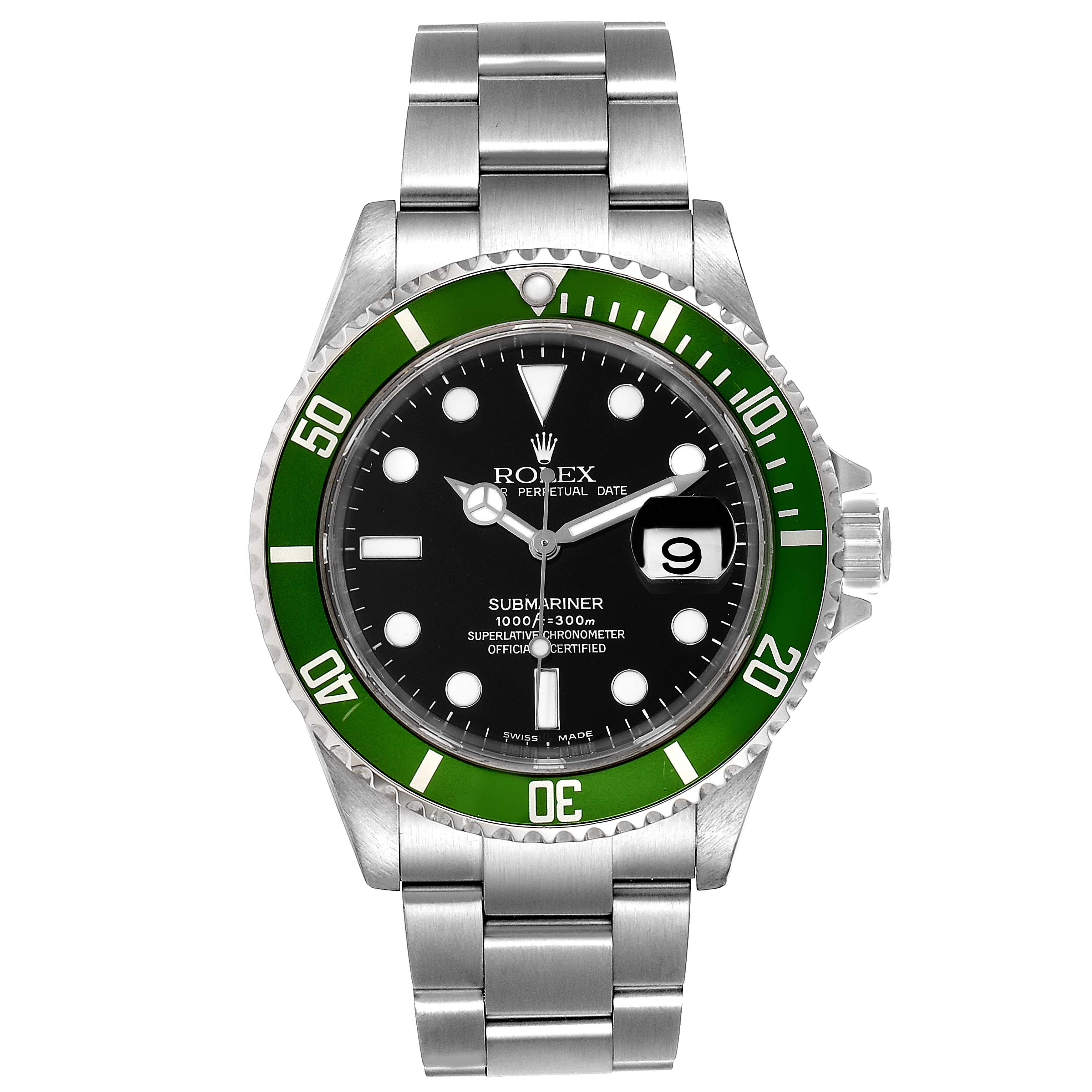 This image shows a front view of the Rolex Submariner 16610LV Men's Stainless Steel Black Dial 16610LV Men's Stainless Steel Black Dial, displaying its green bezel, black dial, and stainless steel bracelet.