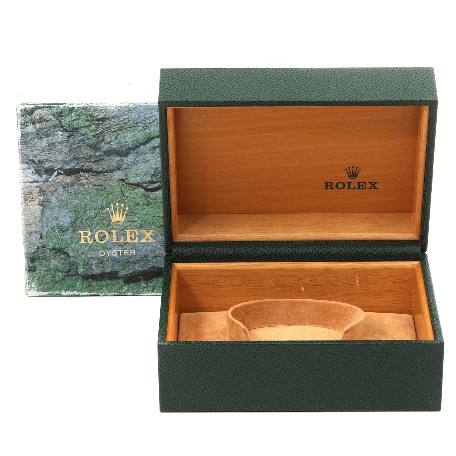 This image showcases an open green and wooden Rolex box with a compartment designed for the Submariner model watch.