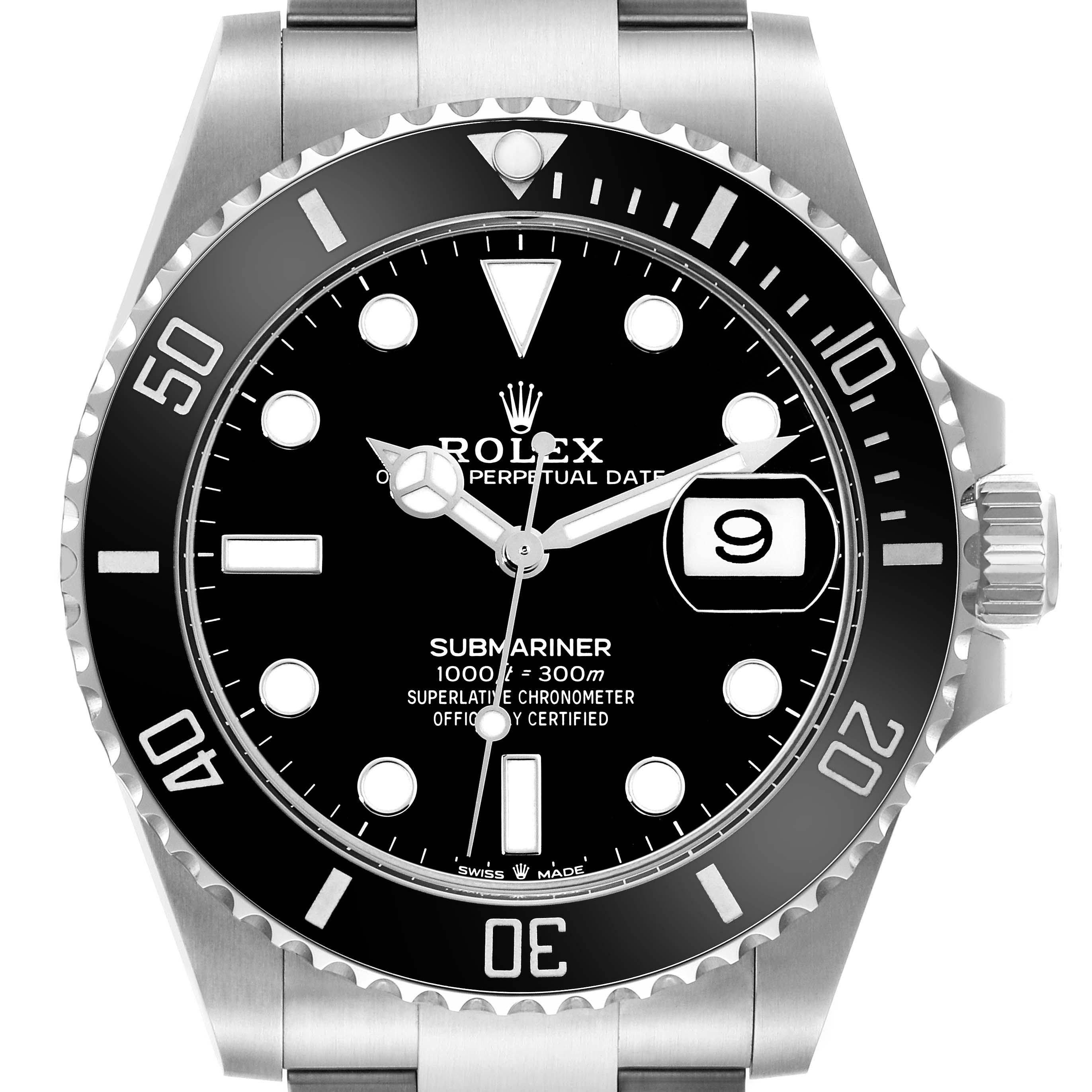 This image shows a front view of a Rolex Submariner 126610LN Men
s Stainless Steel Black Dial 126610LN Men
s Stainless Steel Black Dial watch, highlighting the dial, bezel, and bracelet.