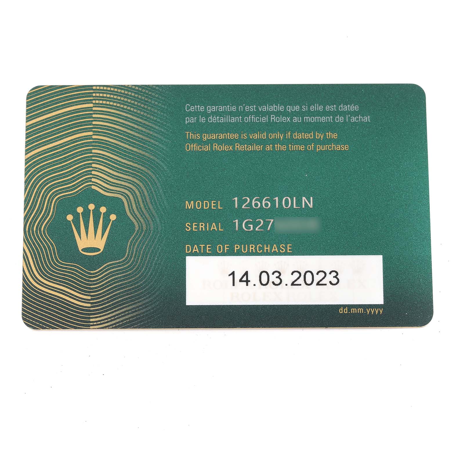 This image shows a guarantee card for the Rolex Submariner 126610LN Men
s Stainless Steel Black Dial 126610LN Men
s Stainless Steel Black Dial model 126610LN, displaying the serial number and date of purchase.