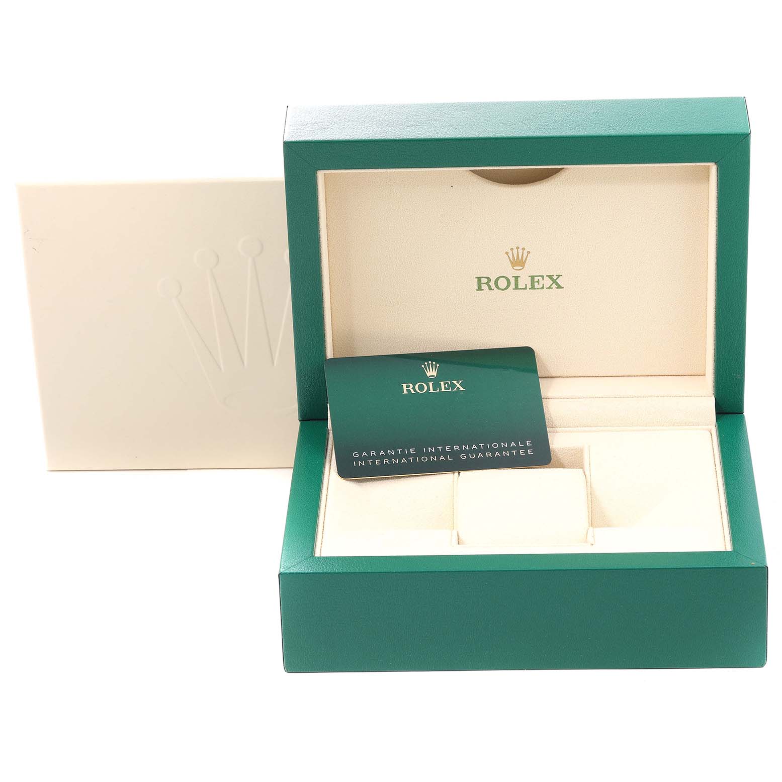 The image shows the open packaging box and guarantee card for a Rolex Submariner 126610LN Men
s Stainless Steel Black Dial 126610LN Men
s Stainless Steel Black Dial watch.