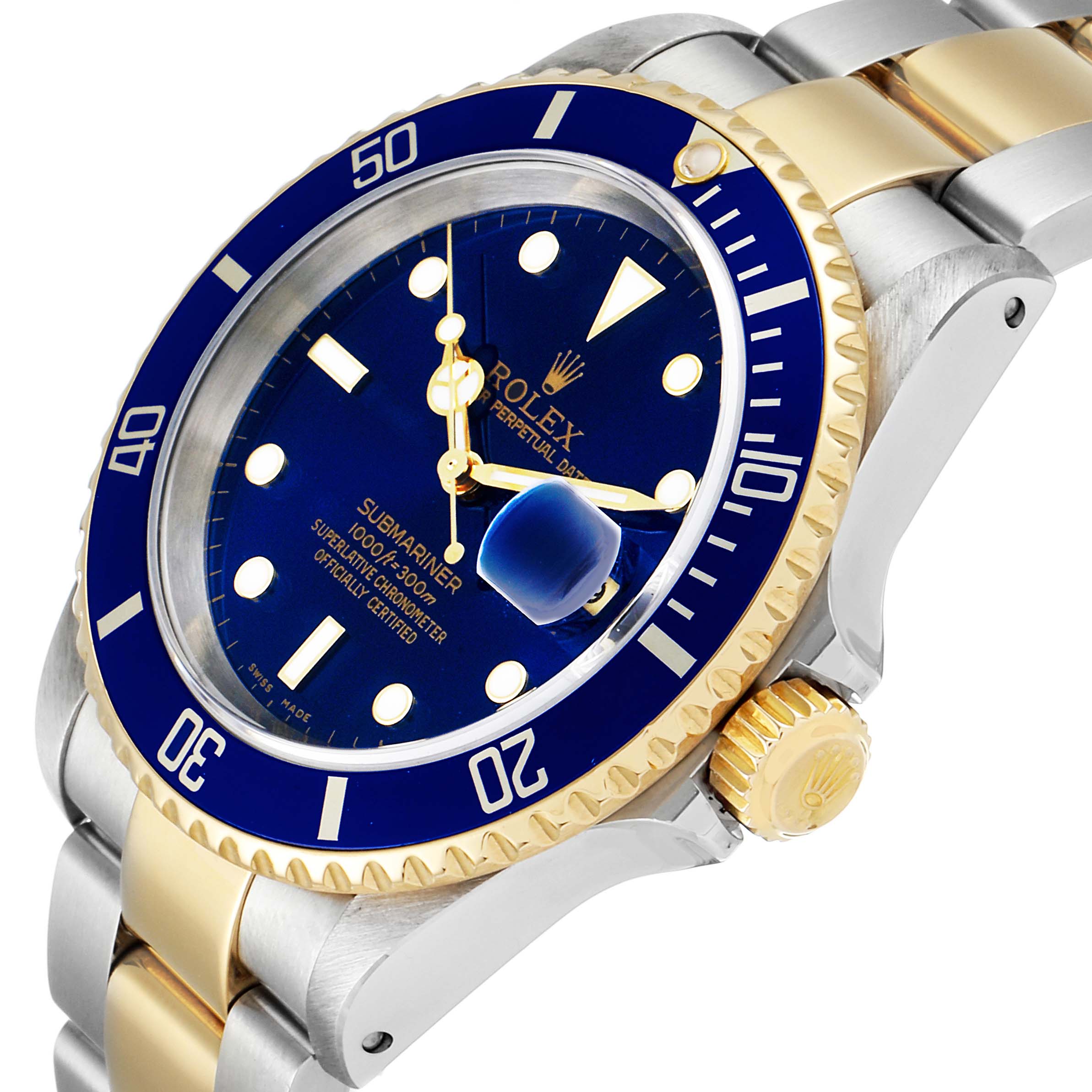 The image shows a Rolex Submariner 16613 Men's Steel and Gold (two tone) Blue Dial 16613 Men's Steel and Gold (two tone) Blue Dial watch from an angled side view, highlighting its blue dial, unidirectional bezel, and two-tone bracelet.
