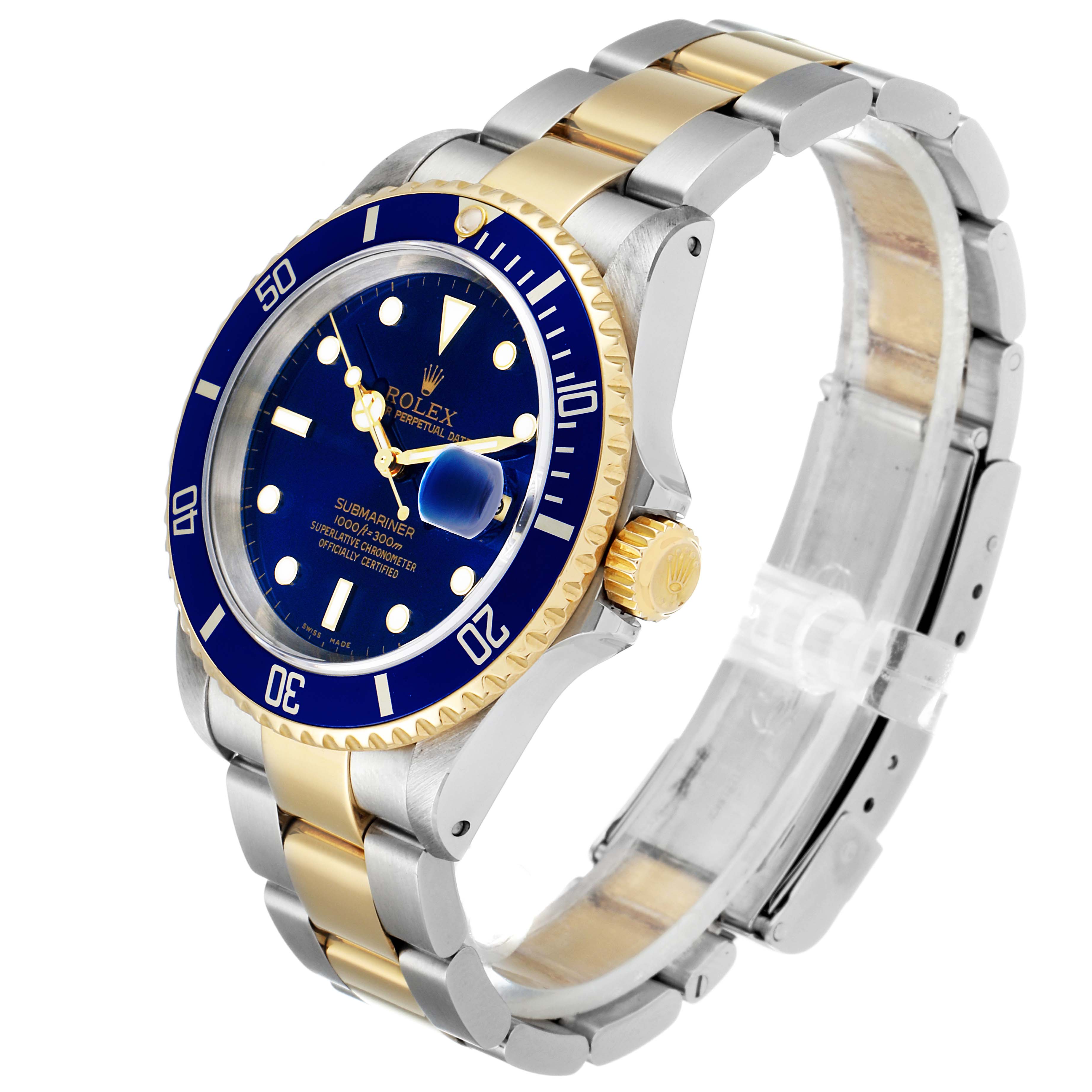 The image shows a Rolex Submariner 16613 Men's Steel and Gold (two tone) Blue Dial 16613 Men's Steel and Gold (two tone) Blue Dial watch from an oblique angle, highlighting the dial, bezel, crown, and bracelet.