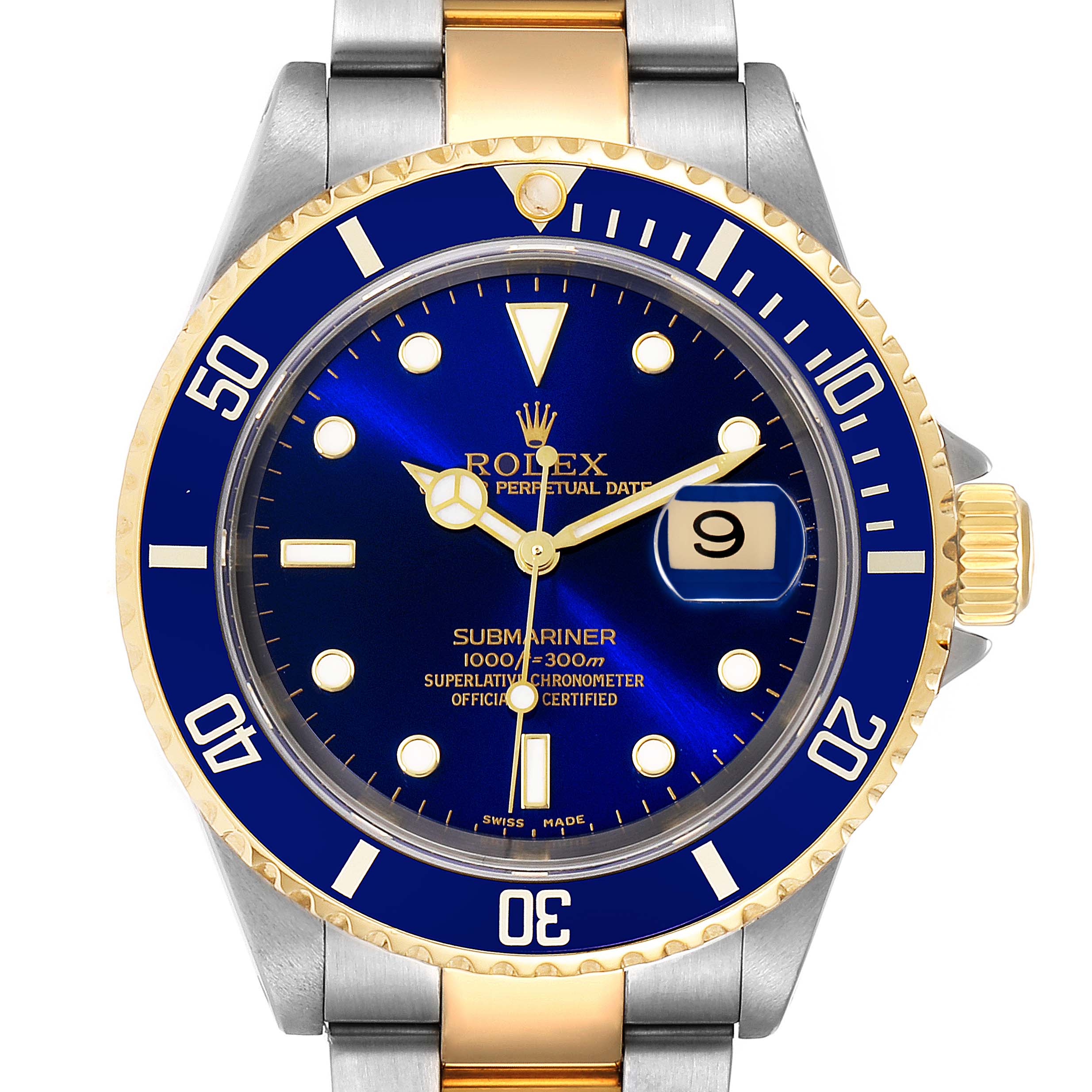 This image shows the face, bezel, and part of the bracelet of a Rolex Submariner 16613 Men's Steel and Gold (two tone) Blue Dial 16613 Men's Steel and Gold (two tone) Blue Dial watch, viewed from a front angle.