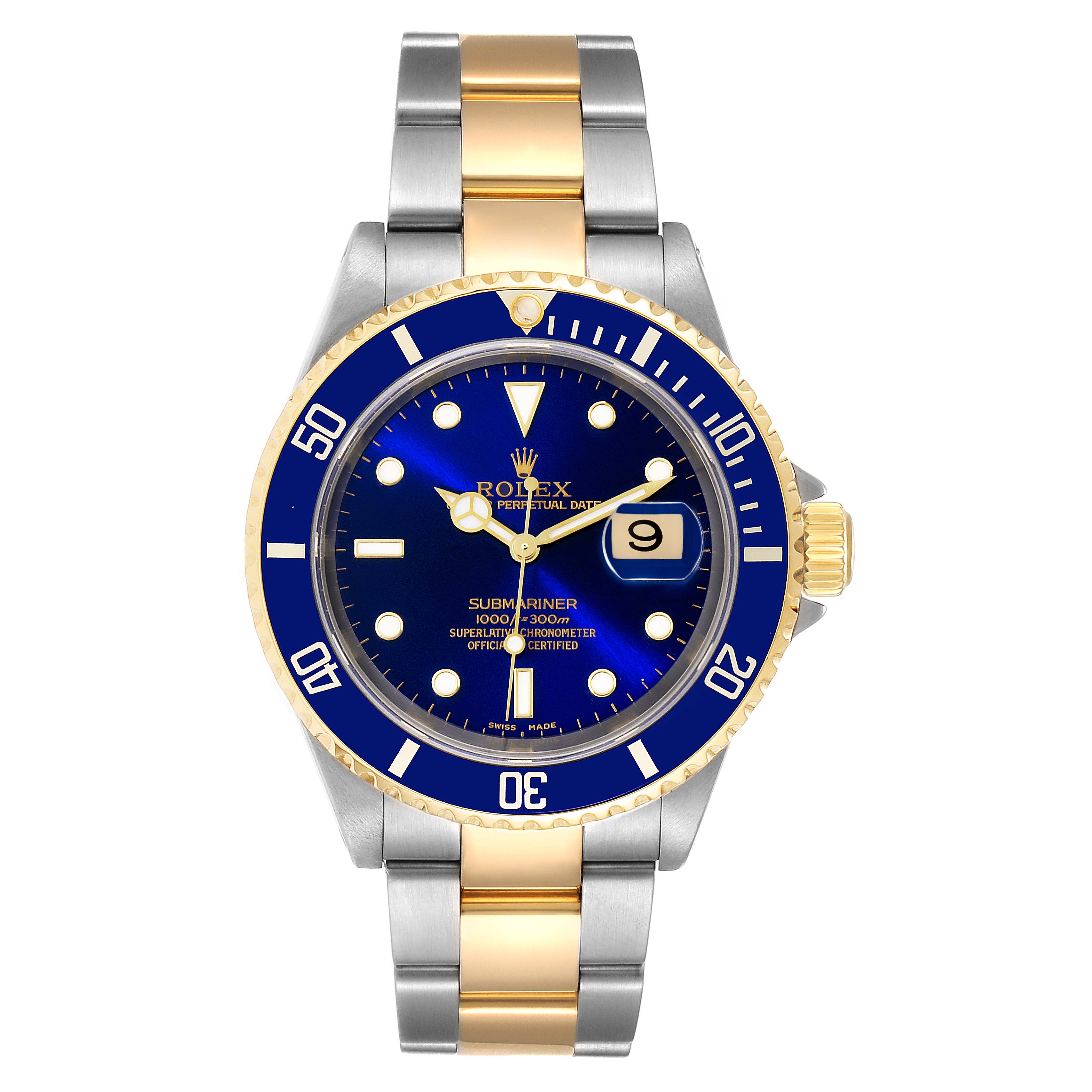 This image shows a front view of a Rolex Submariner 16613 Men's Steel and Gold (two tone) Blue Dial 16613 Men's Steel and Gold (two tone) Blue Dial watch with a two-tone bracelet and a blue dial.