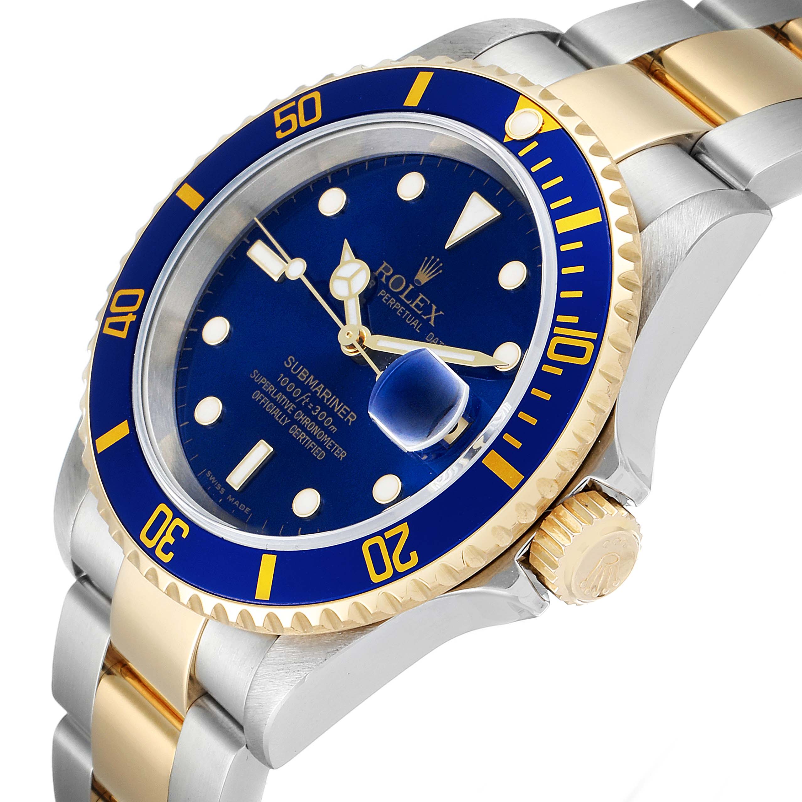 The image shows a close-up angled view of the Rolex Submariner 16613 Men's Steel and Gold (two tone) Blue Dial 16613 Men's Steel and Gold (two tone) Blue Dial watch featuring its dial, bezel, crown, and part of the bracelet.