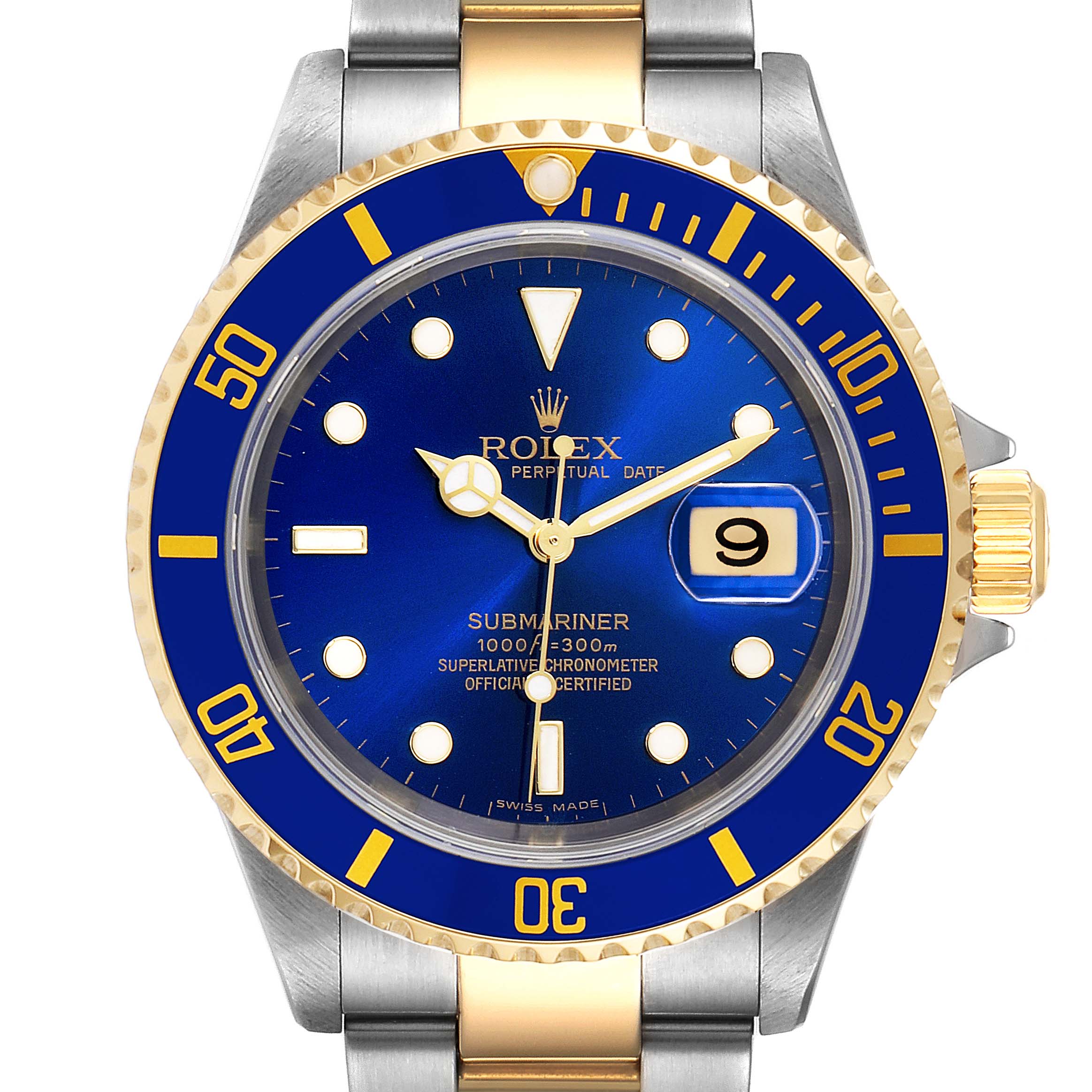 This image shows a frontal view of a Rolex Submariner 16613 Men's Steel and Gold (two tone) Blue Dial 16613 Men's Steel and Gold (two tone) Blue Dial watch, highlighting its blue face, date display, and two-tone metal bracelet.