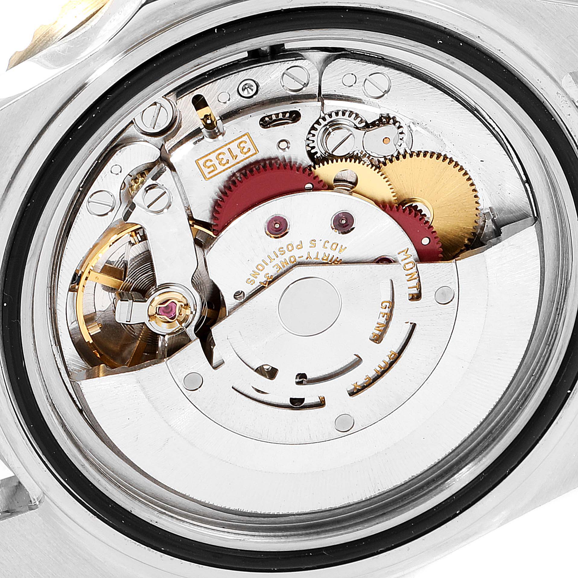 This is a close-up of the Rolex Submariner 16613 Men's Steel and Gold (two tone) Blue Dial 16613 Men's Steel and Gold (two tone) Blue Dial's movement mechanism viewed from the back.