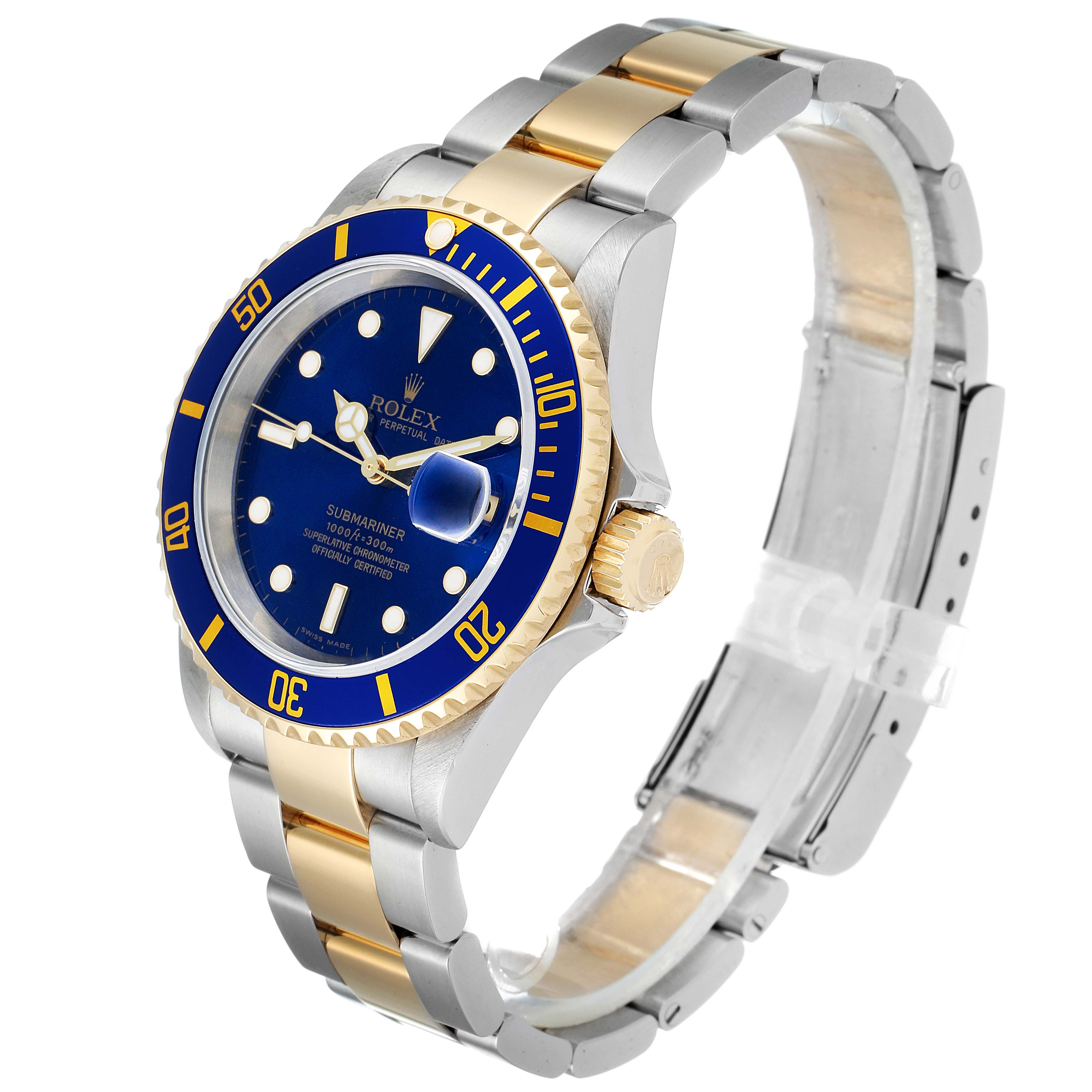 The image shows a Rolex Submariner 16613 Men's Steel and Gold (two tone) Blue Dial 16613 Men's Steel and Gold (two tone) Blue Dial watch at a three-quarter angle, highlighting its blue dial, bezel, and two-tone bracelet.