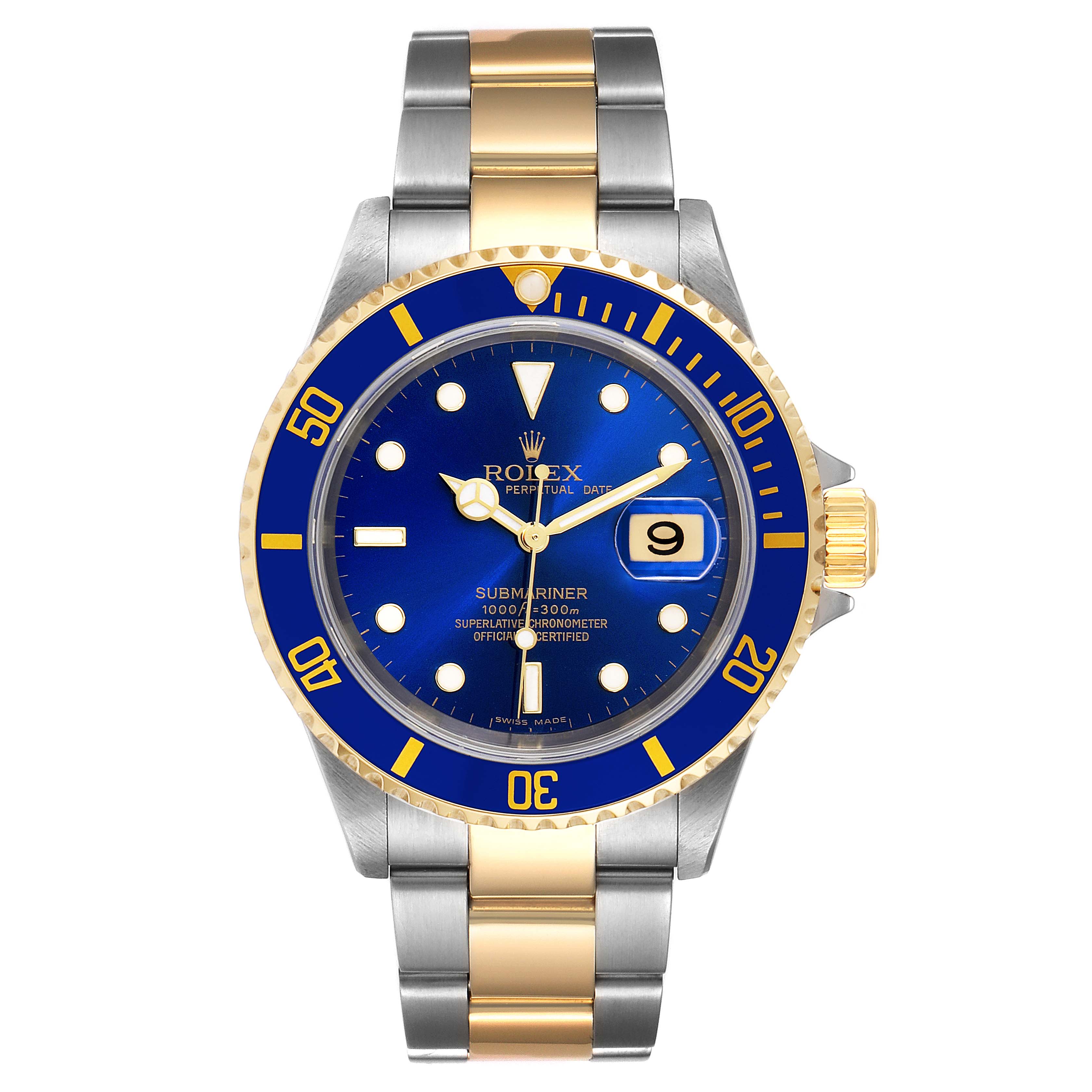 The image shows a front view of a Rolex Submariner 16613 Men's Steel and Gold (two tone) Blue Dial 16613 Men's Steel and Gold (two tone) Blue Dial watch with a blue dial, gold bezel, and two-tone bracelet.