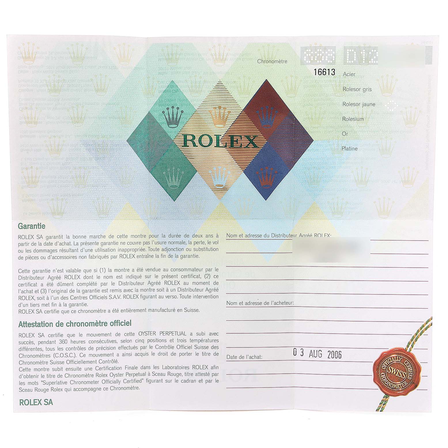 This image displays the warranty card for a Rolex Submariner 16613 Men's Steel and Gold (two tone) Blue Dial 16613 Men's Steel and Gold (two tone) Blue Dial model, showing details about the warranty and purchase information.