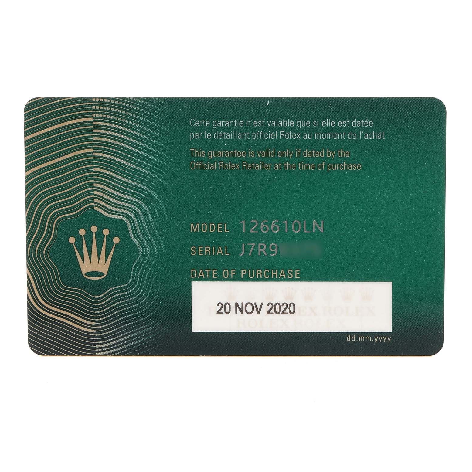 The image shows a Rolex warranty card for a Submariner model 126610LN, displaying the date of purchase, serial, and model number.