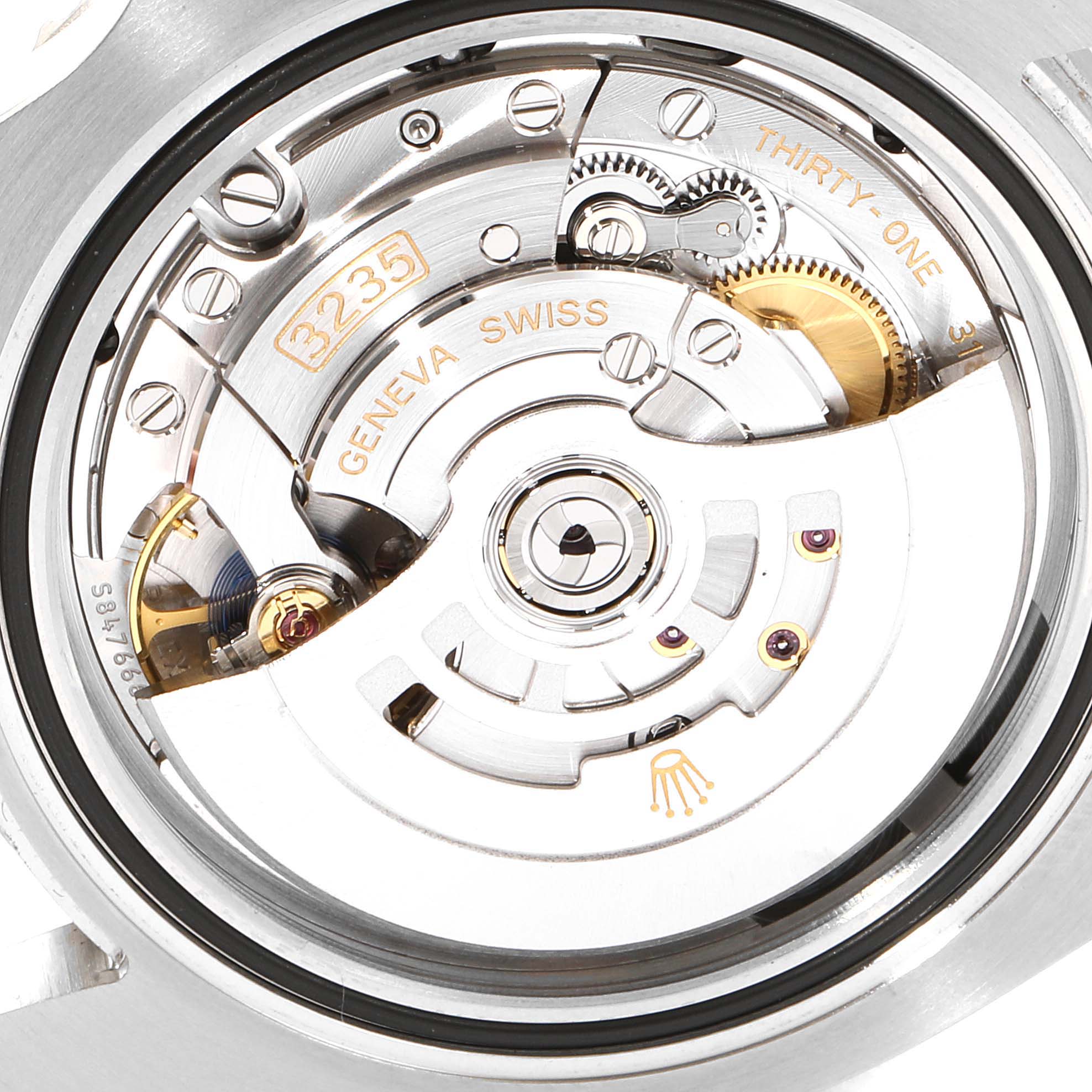 This image shows a close-up view of the movement inside a Rolex Submariner 126610LN Men
s Stainless Steel Black Dial 126610LN Men
s Stainless Steel Black Dial watch, highlighting its intricate components.
