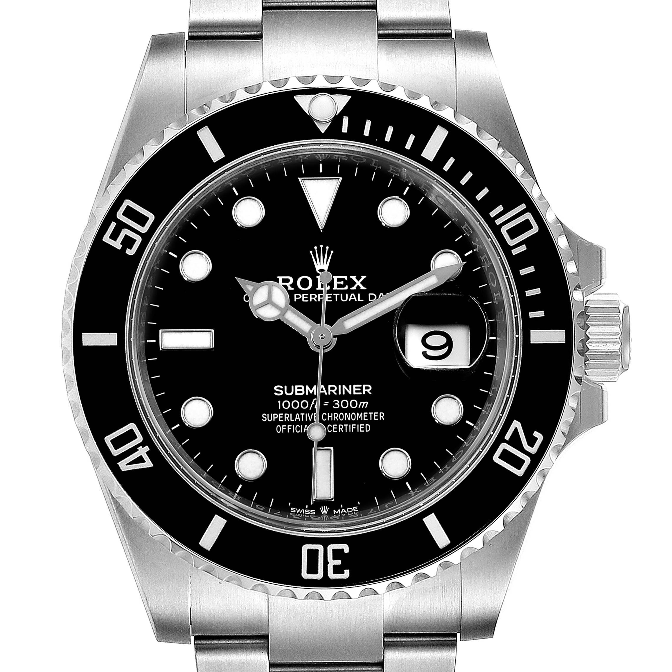 The image shows a front view of a Rolex Submariner 126610LN Men
s Stainless Steel Black Dial 126610LN Men
s Stainless Steel Black Dial watch, displaying its dial, bezel, crown, and part of the bracelet.