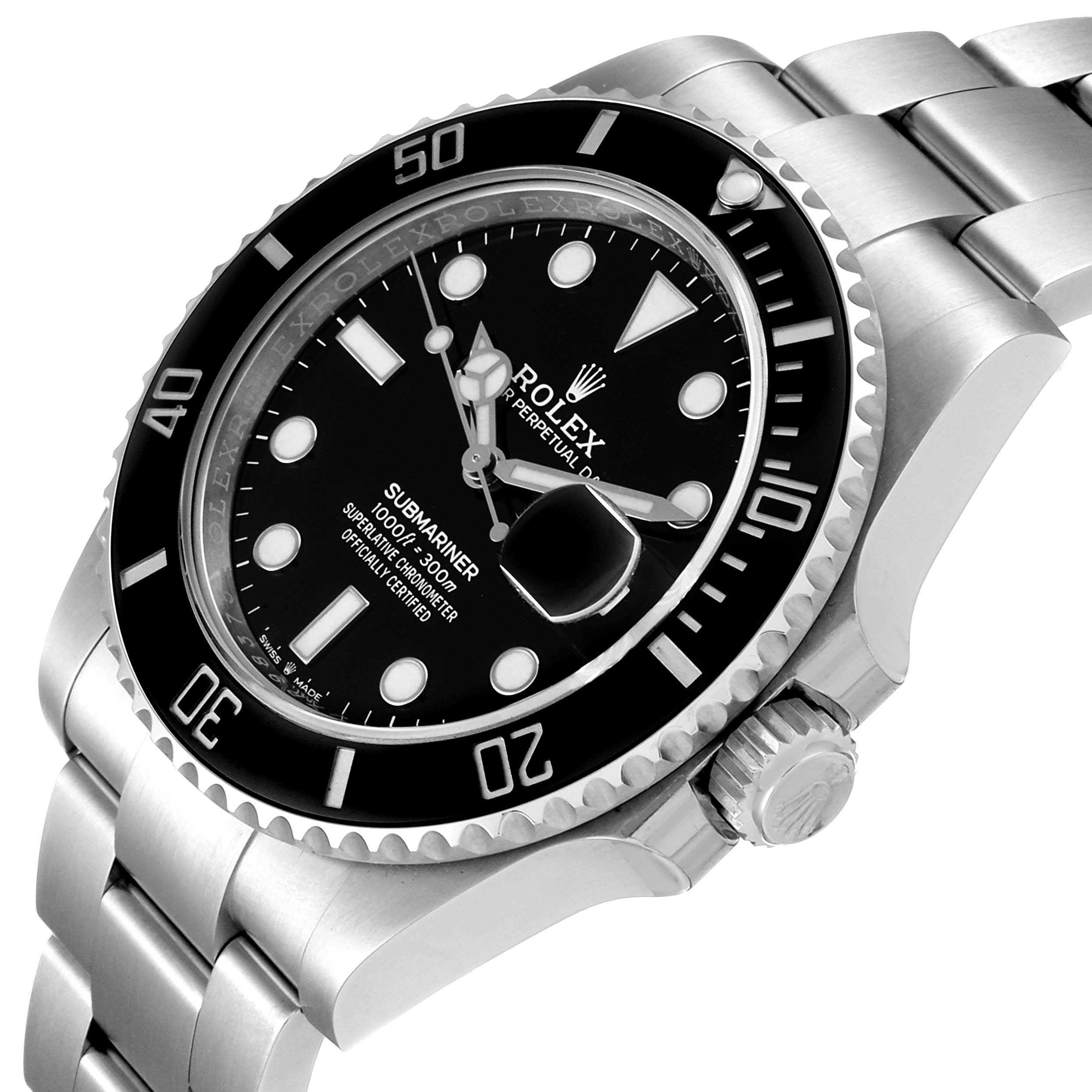 The Rolex Submariner 126610LN Men
s Stainless Steel Black Dial 126610LN Men
s Stainless Steel Black Dial watch is shown from an angled view, displaying its face, crown, and part of the bracelet.
