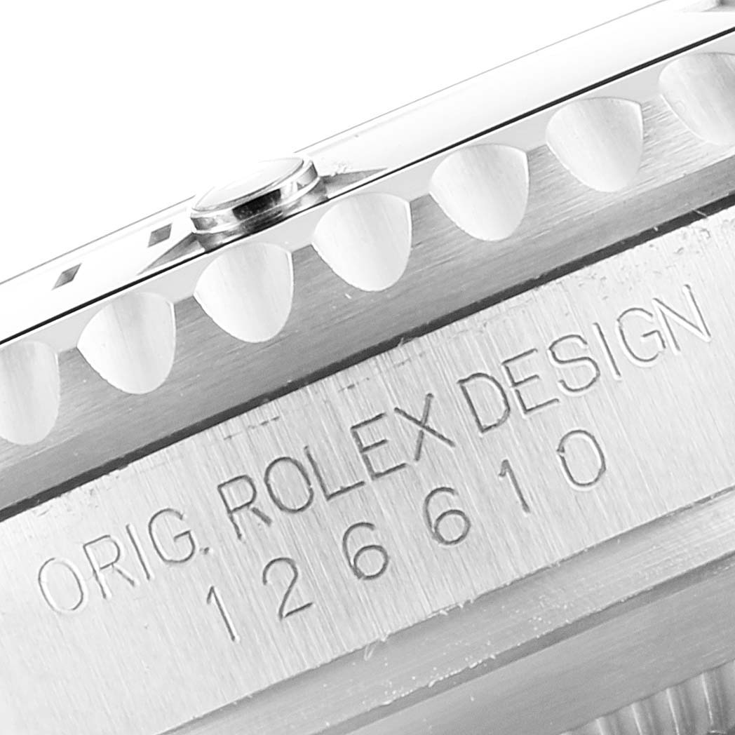 This image shows a close-up of the side of a Rolex Submariner 126610LN Men
s Stainless Steel Black Dial 126610LN Men
s Stainless Steel Black Dial watch, highlighting the model number and engravings.