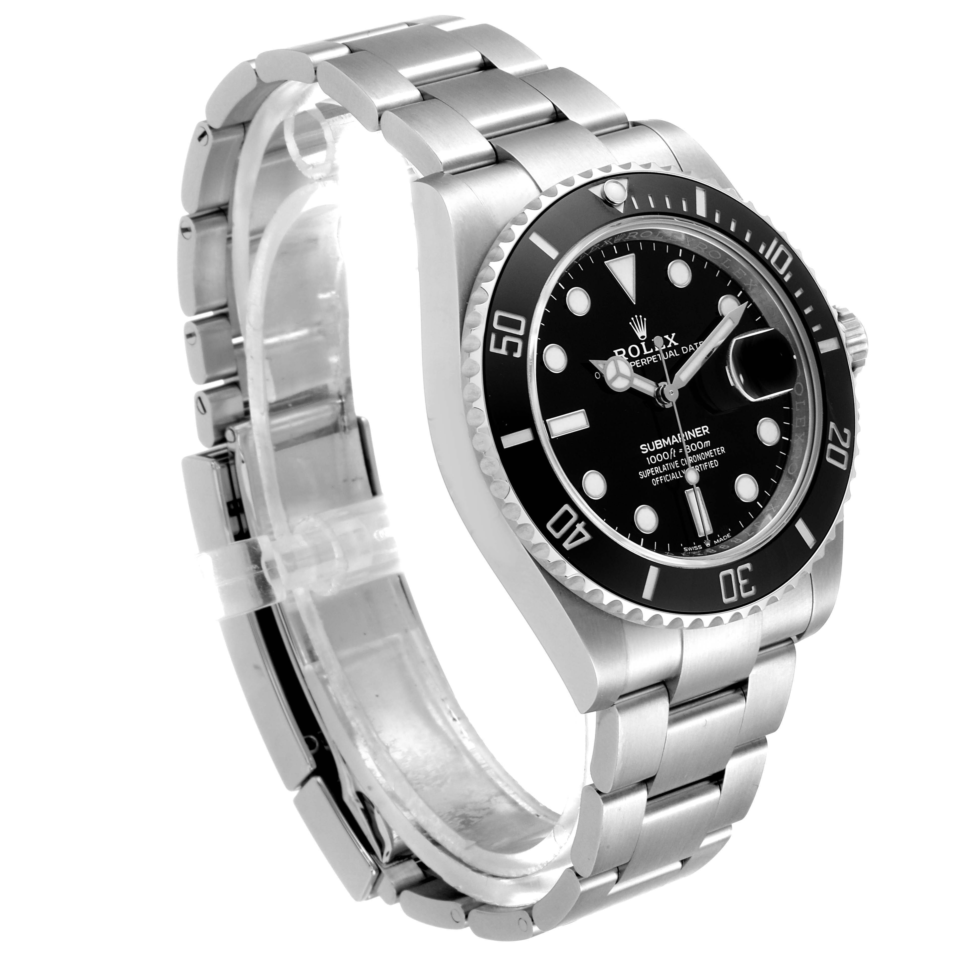 The image shows a side perspective of a Rolex Submariner 126610LN Men
s Stainless Steel Black Dial 126610LN Men
s Stainless Steel Black Dial watch, revealing the bezel, dial, case, and bracelet.