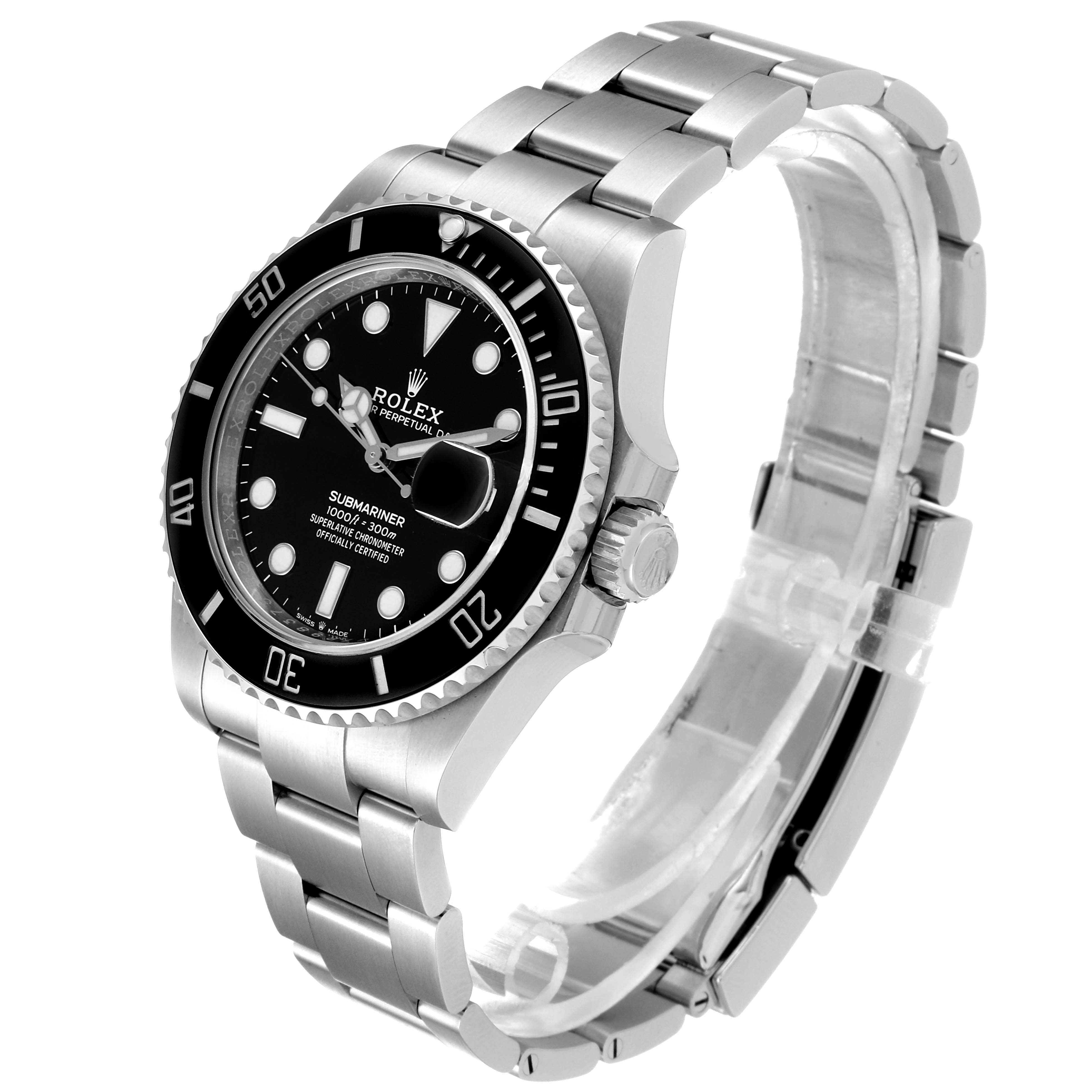 The image shows a three-quarter view of a Rolex Submariner 126610LN Men
s Stainless Steel Black Dial 126610LN Men
s Stainless Steel Black Dial watch, highlighting the dial, bezel, crown, and bracelet.