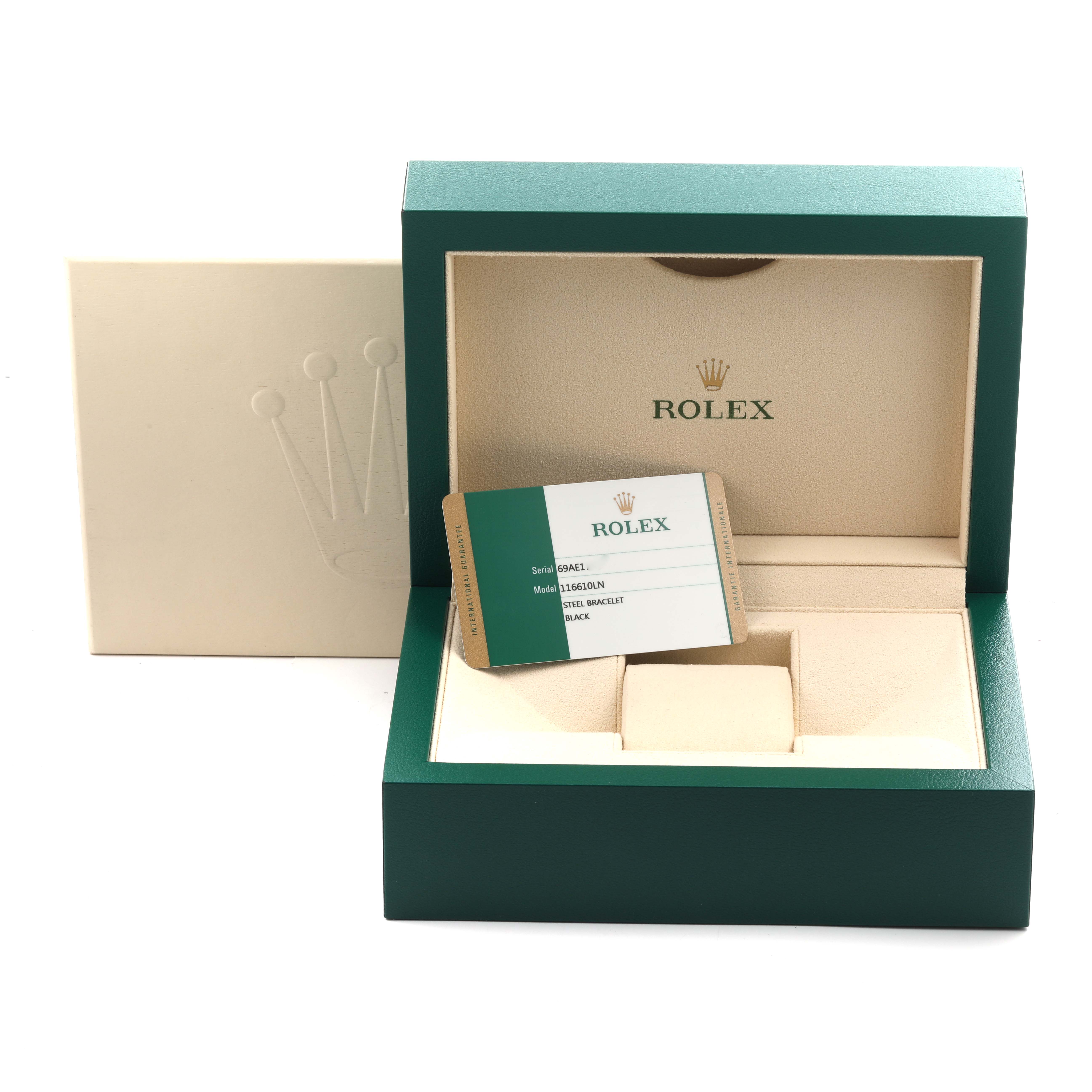 The image shows a Rolex Submariner 116610LN Men's Stainless Steel Black Dial 116610LN Men's Stainless Steel Black Dial model’s open box at an angle, displaying the warranty card inside.