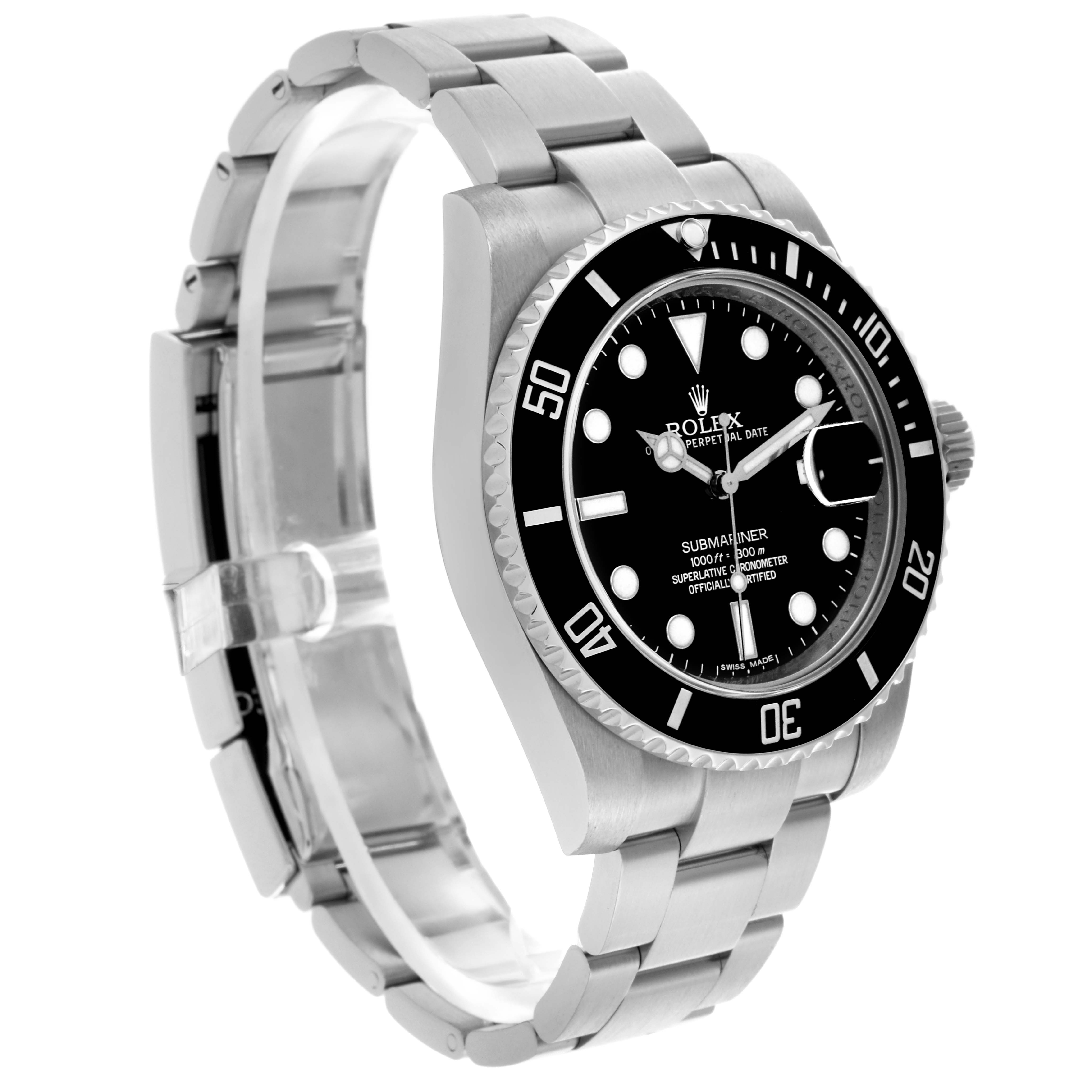 The Rolex Submariner 116610LN Men's Stainless Steel Black Dial 116610LN Men's Stainless Steel Black Dial watch is shown at a three-quarter angle, displaying its face, bezel, and bracelet.