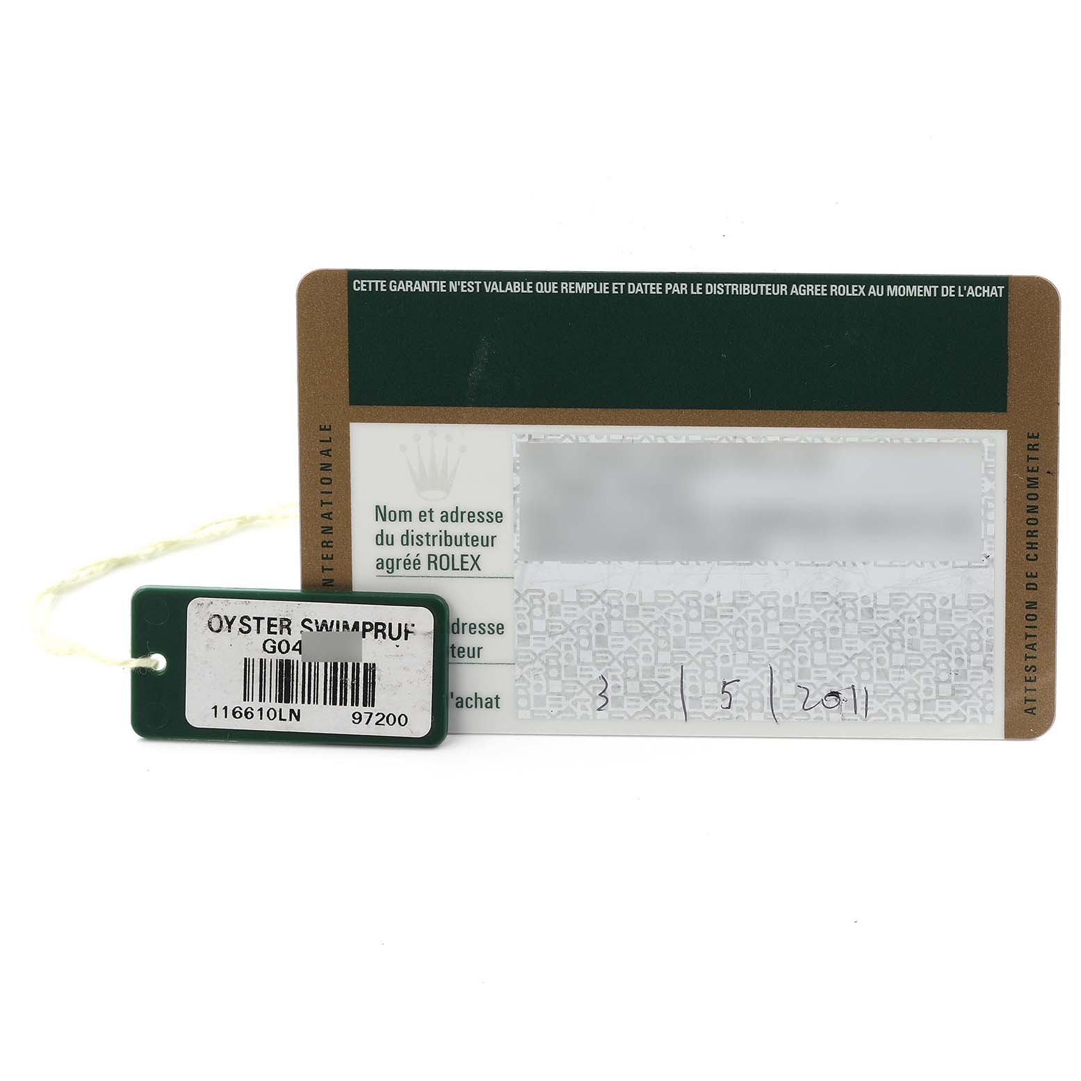 The image shows a warranty card and tag for a Rolex Submariner 116610LN Men's Stainless Steel Black Dial 116610LN Men's Stainless Steel Black Dial, displaying labels and model information.