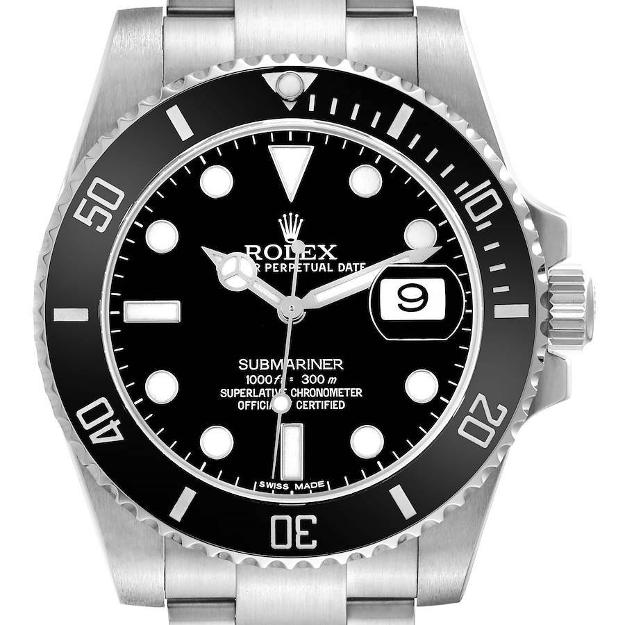 The image shows a front view of the Rolex Submariner with a focus on the face, bezel, and part of the bracelet.