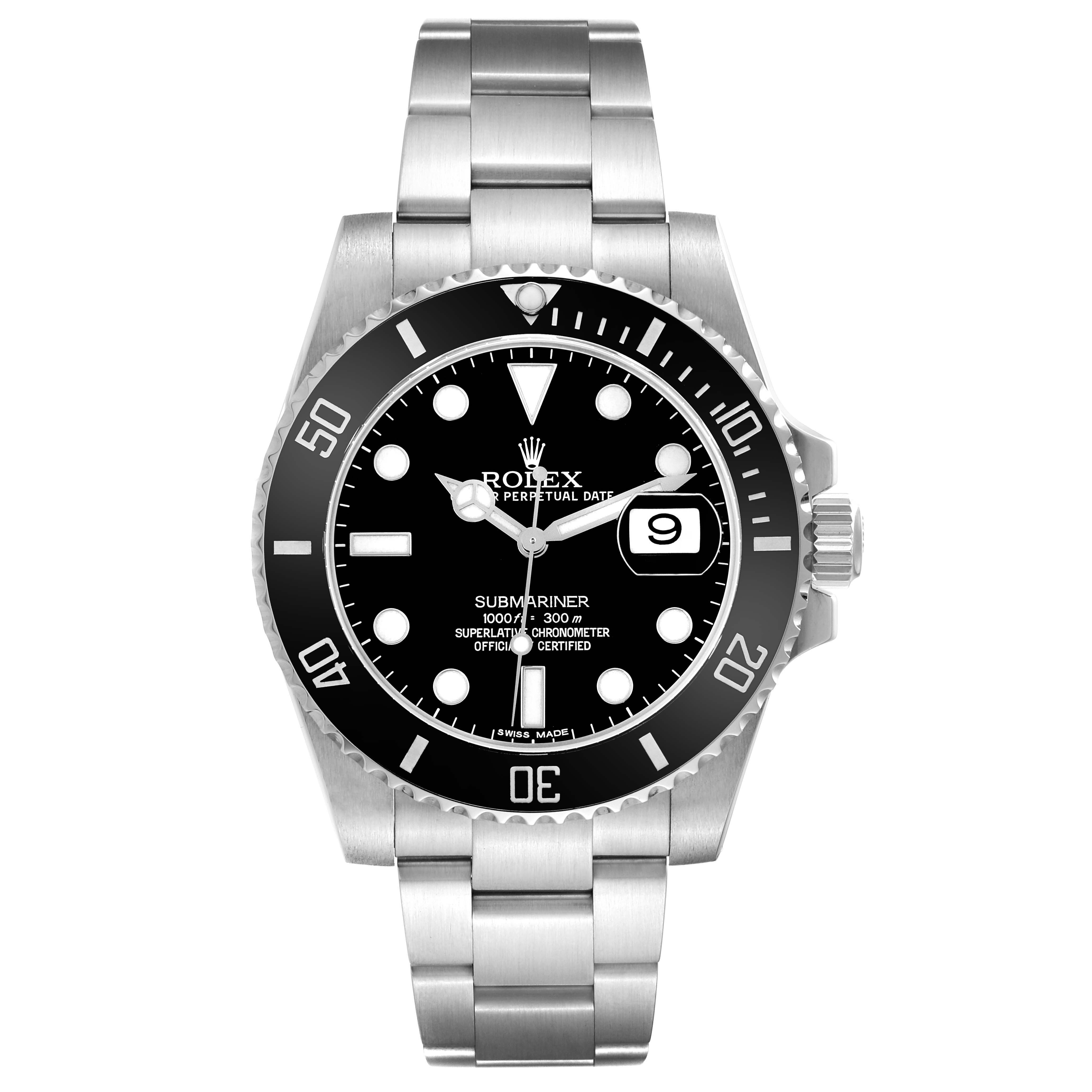 The Rolex Submariner 116610LN Men's Stainless Steel Black Dial 116610LN Men's Stainless Steel Black Dial watch is shown from a front angle, displaying the dial, bezel, bracelet, and crown.