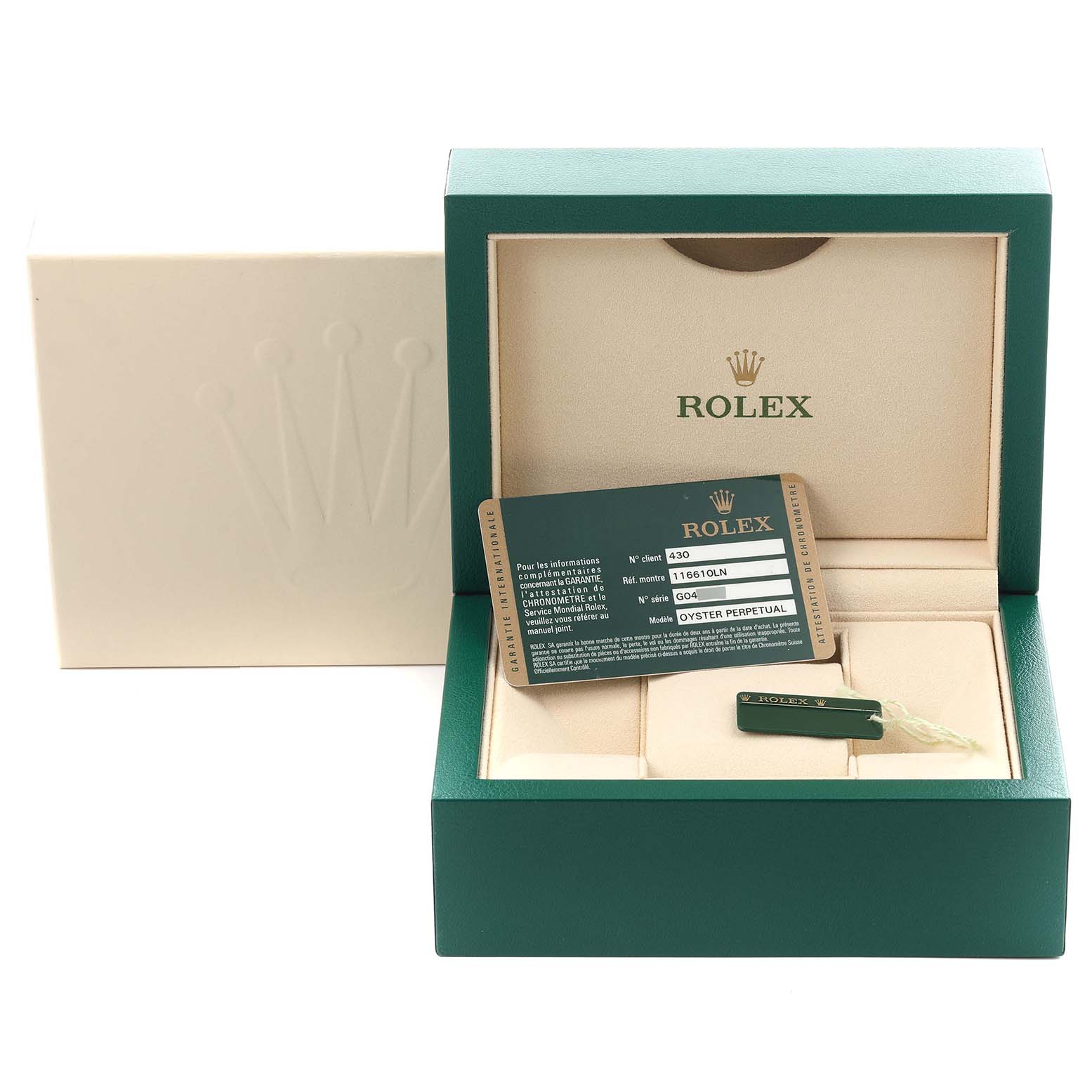 The image shows the Rolex Submariner 116610LN Men's Stainless Steel Black Dial 116610LN Men's Stainless Steel Black Dial packaging with a box, warranty card, and tag viewed from the front.