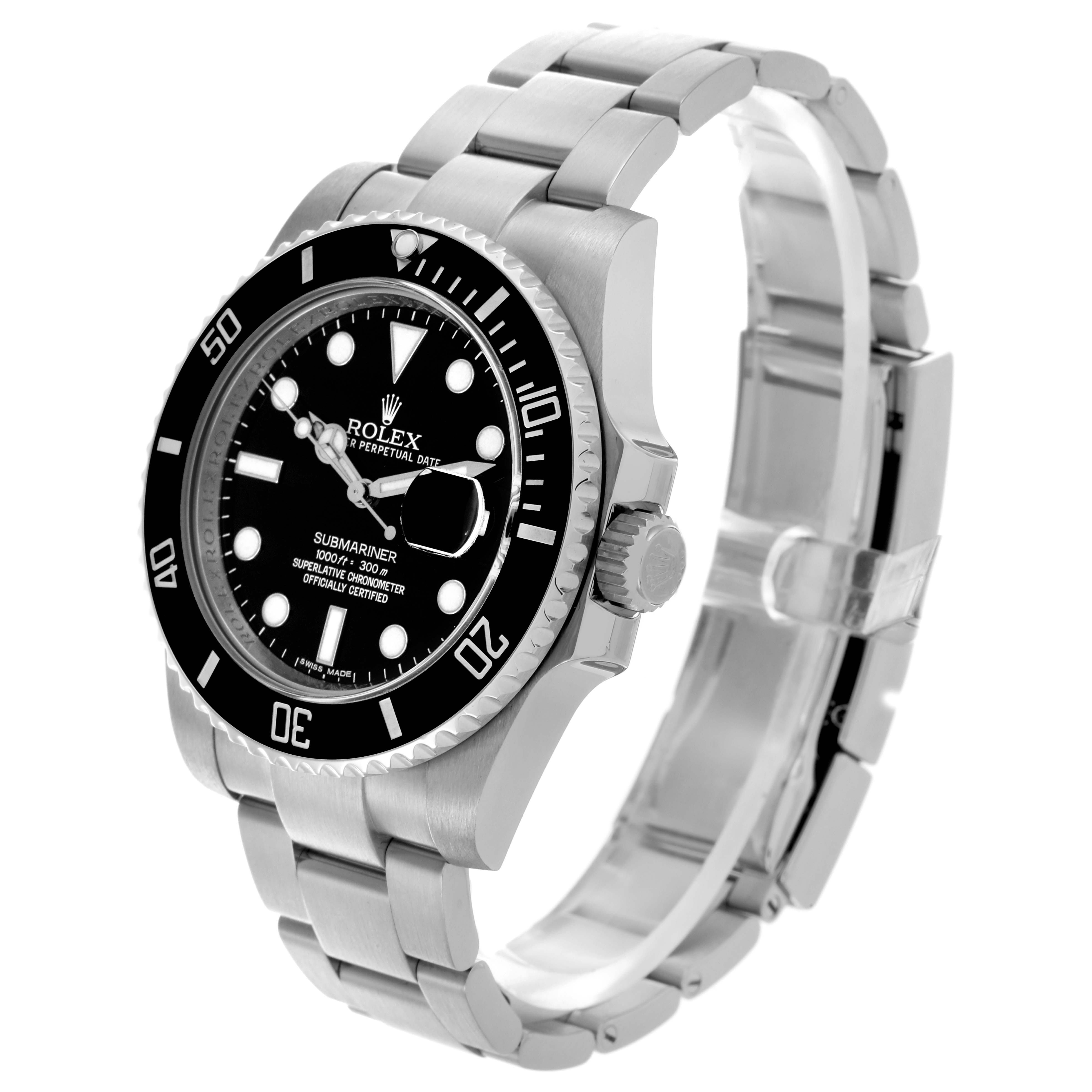 The Rolex Submariner 116610LN Men's Stainless Steel Black Dial 116610LN Men's Stainless Steel Black Dial watch is shown at a slight side angle, displaying the case, bezel, dial, bracelet, and crown.