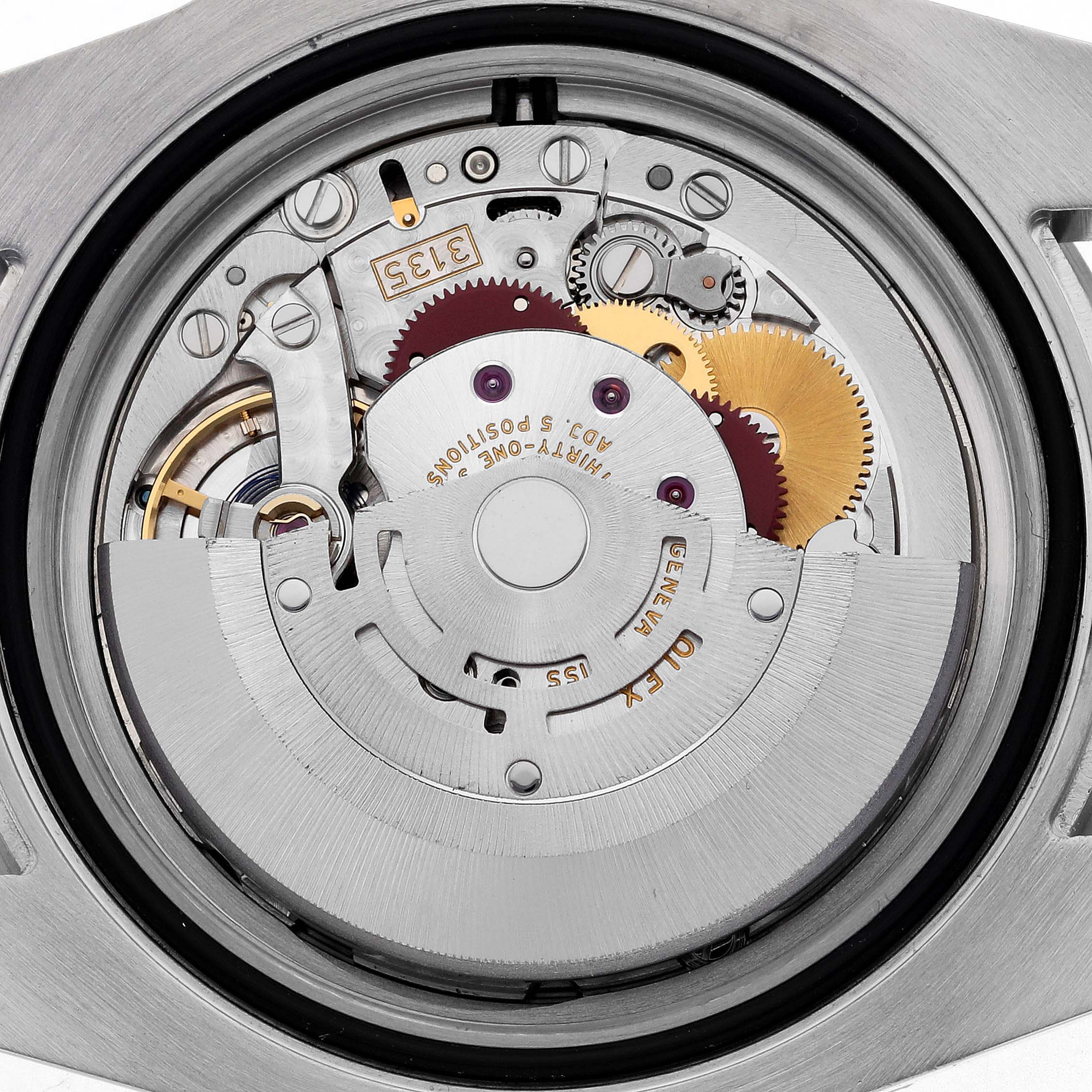 The image shows the movement of a Rolex Submariner 116610LN Men's Stainless Steel Black Dial 116610LN Men's Stainless Steel Black Dial from a top-down angle, highlighting gears and mechanisms.