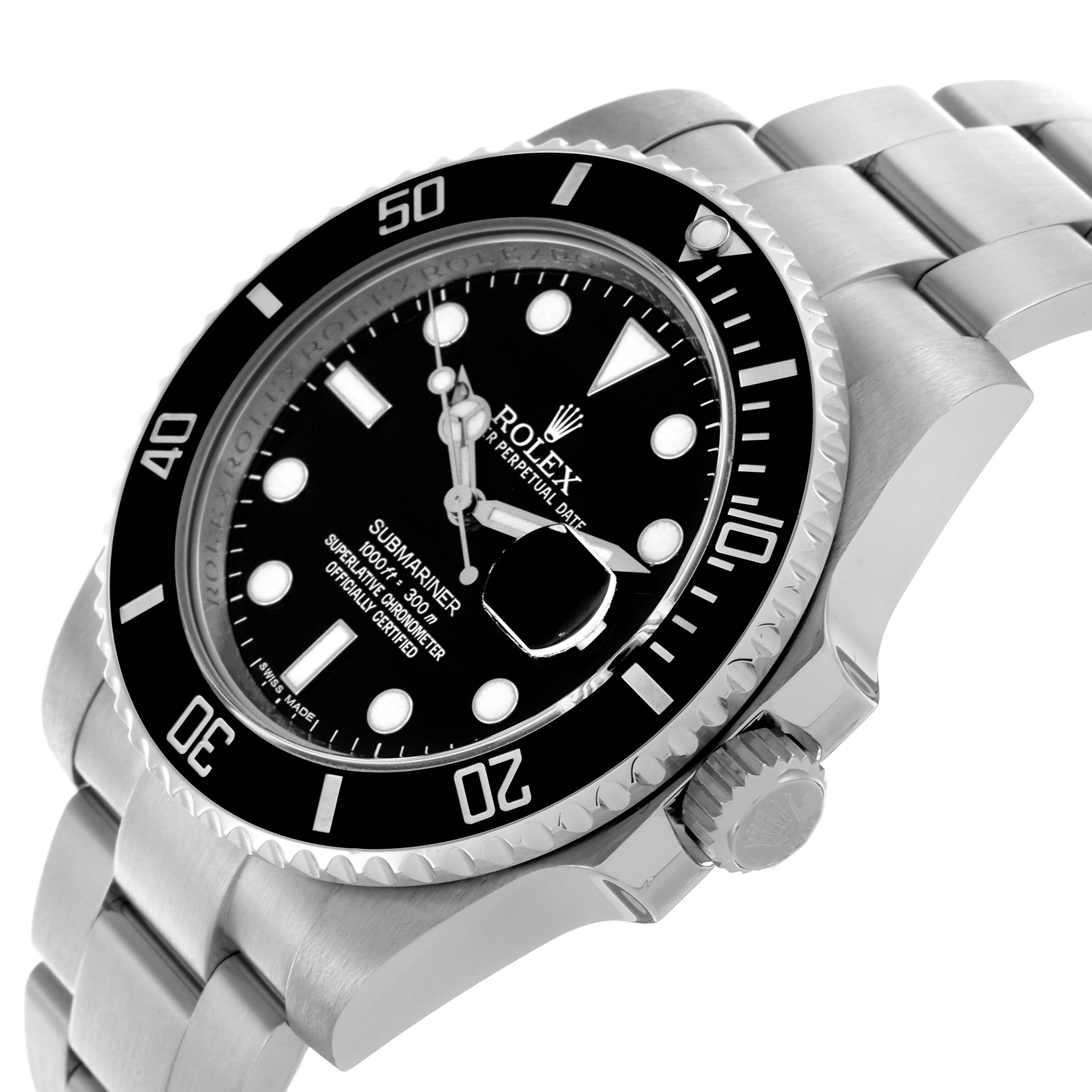 The Rolex Submariner 116610LN Men's Stainless Steel Black Dial 116610LN Men's Stainless Steel Black Dial watch is shown at an angle highlighting the face, bezel, crown, and bracelet.