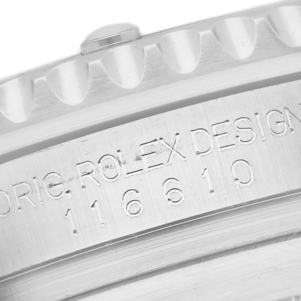 The image shows a close-up of the Rolex Submariner 116610LN Men's Stainless Steel Black Dial 116610LN Men's Stainless Steel Black Dial's case side, displaying the model number engraving.