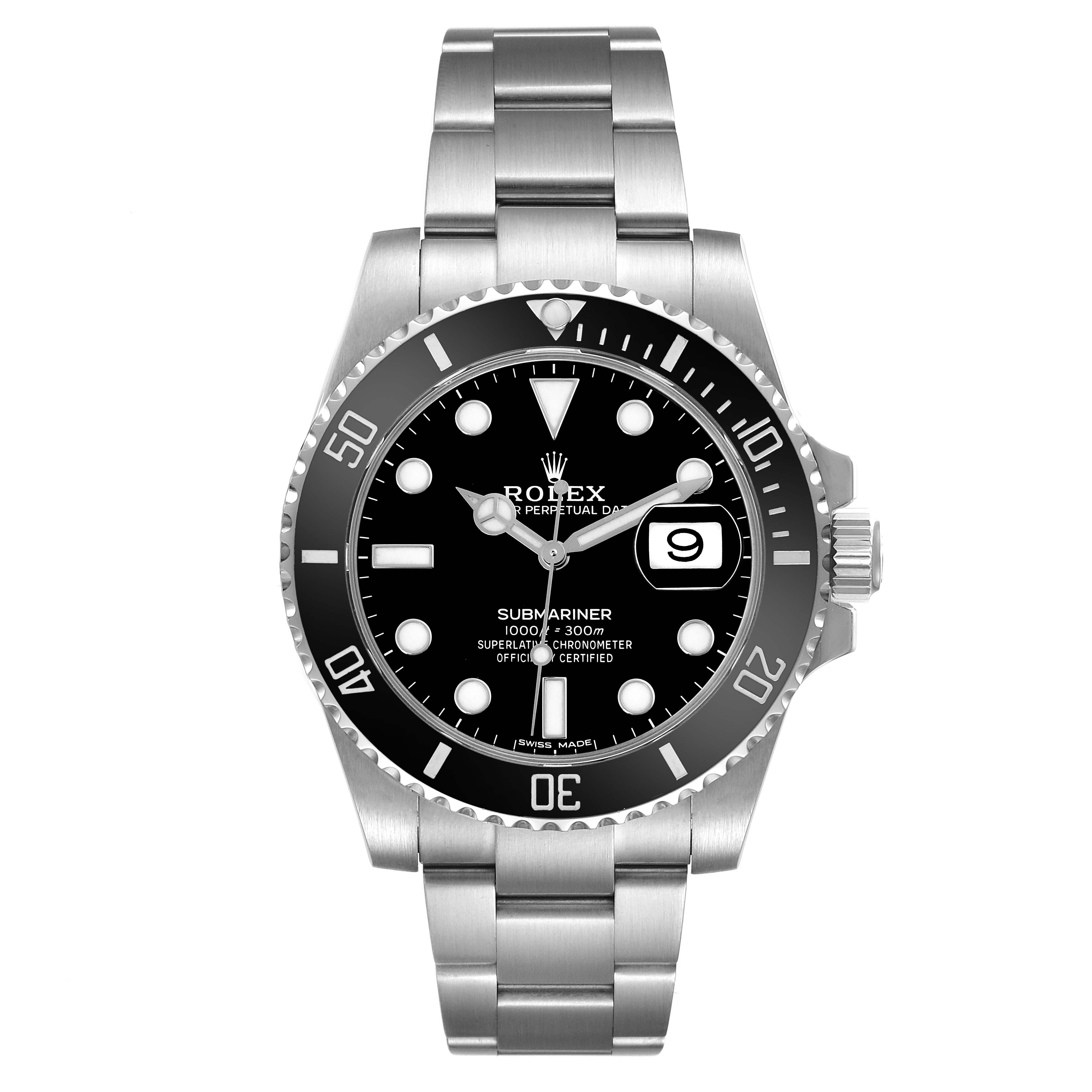 The Rolex Submariner 116610LN Men's Stainless Steel Black Dial 116610LN Men's Stainless Steel Black Dial watch is shown from a front angle, displaying its bezel, dial, hands, date window, and bracelet.