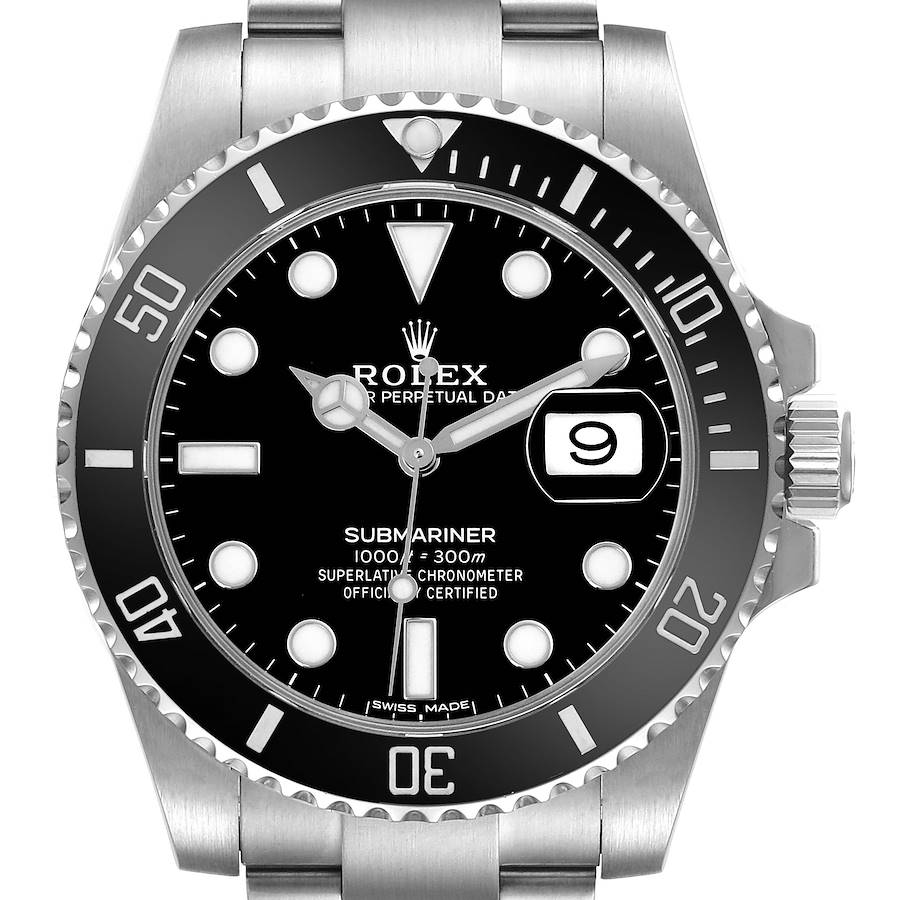 The image shows a frontal view of the Rolex Submariner with its bezel, dial, and crown clearly visible.