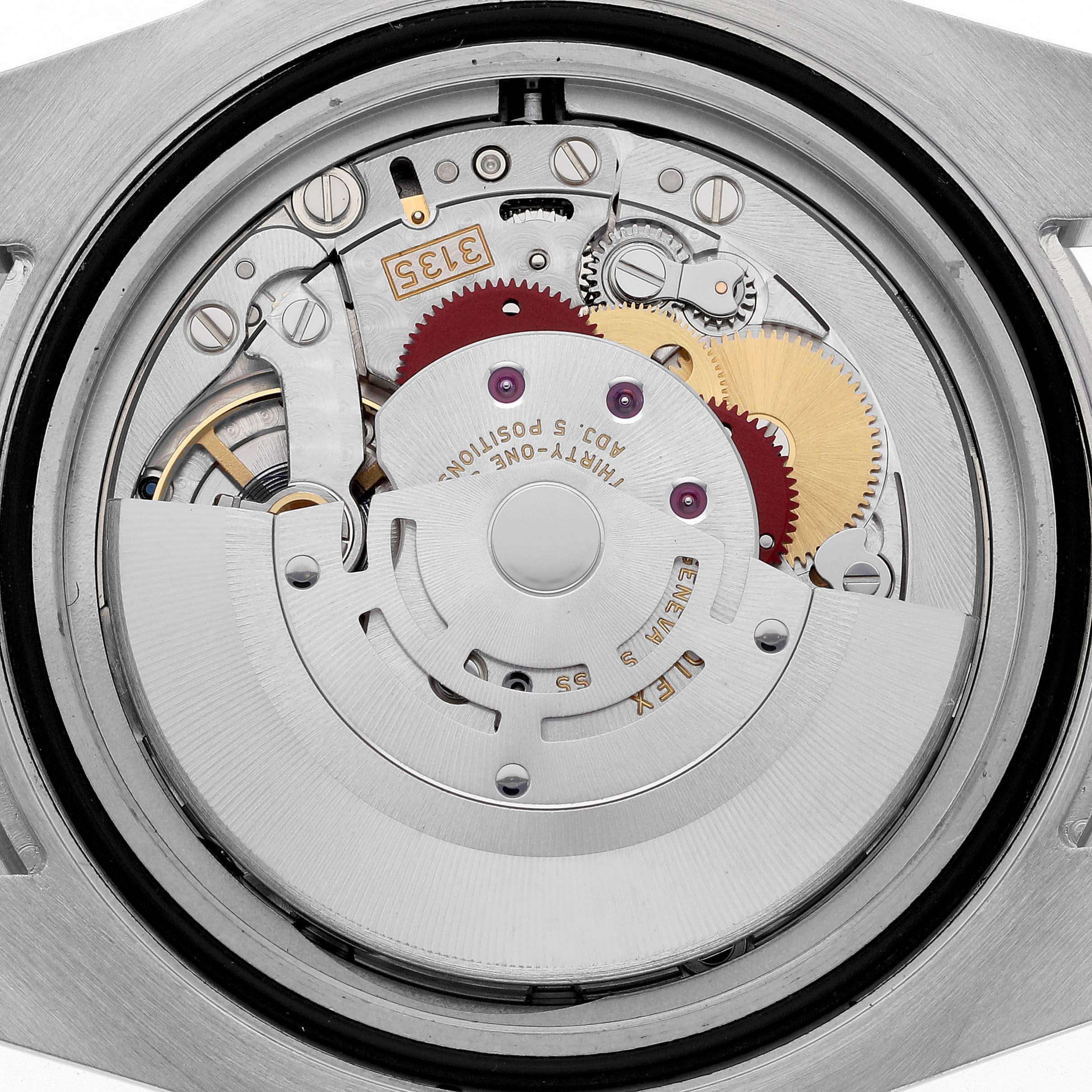 The image shows the movement of a Rolex Submariner 116610LN Men's Stainless Steel Black Dial 116610LN Men's Stainless Steel Black Dial, highlighting the intricate gears and components from a back angle.