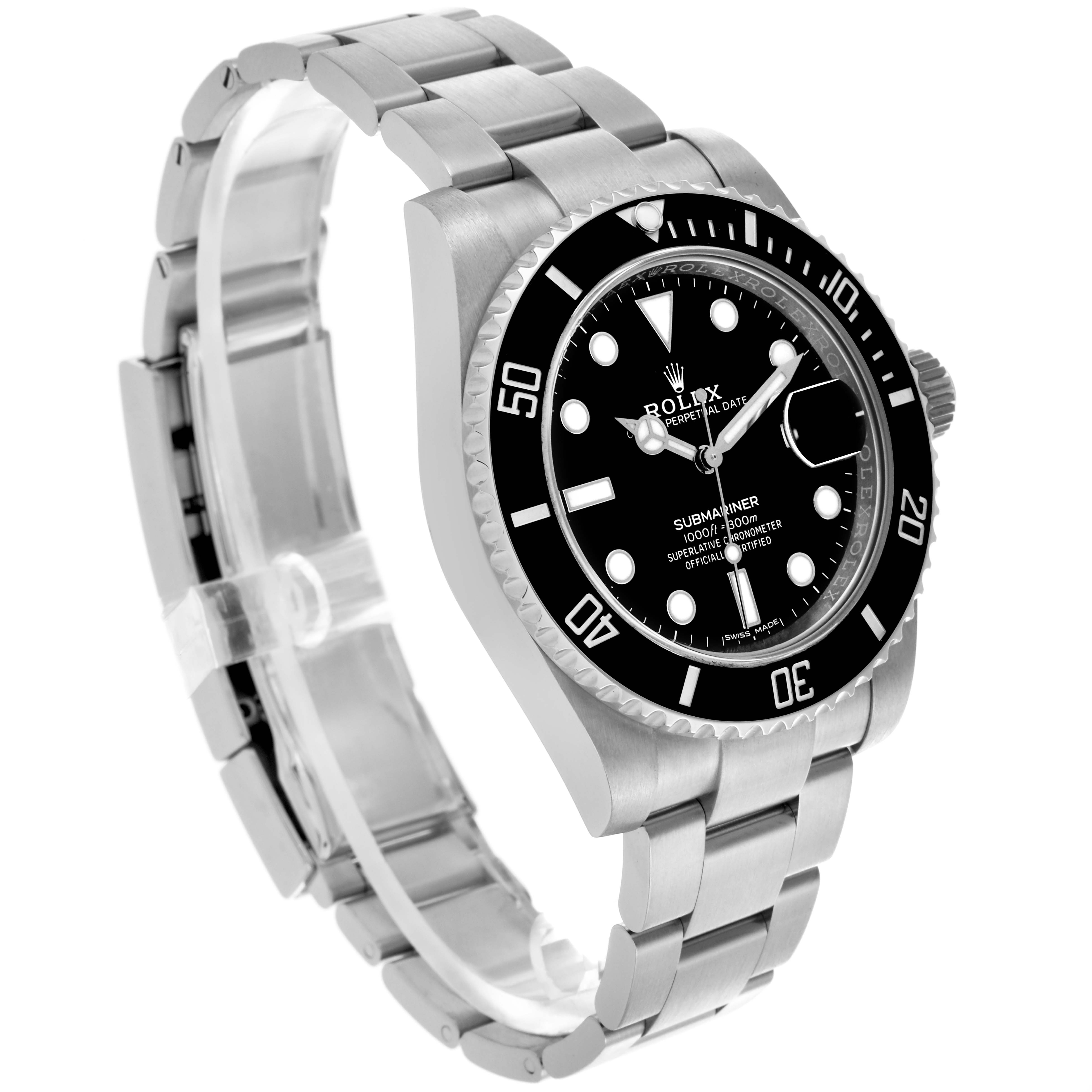 The Rolex Submariner 116610LN Men's Stainless Steel Black Dial 116610LN Men's Stainless Steel Black Dial watch is shown at a three-quarter angle, highlighting the black dial, bezel, and metal bracelet.