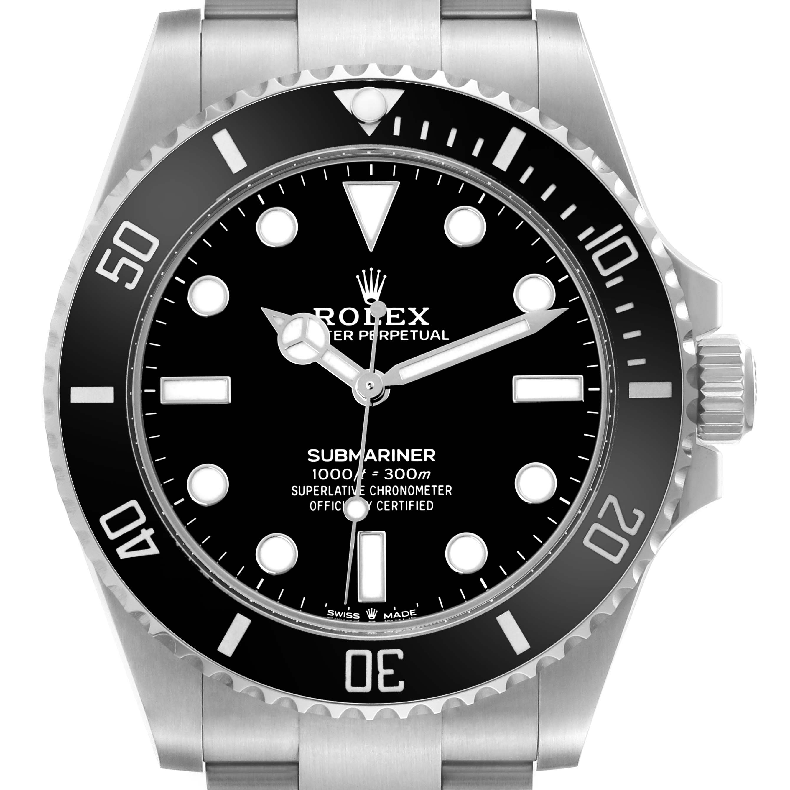The image shows a front view of a Rolex Submariner 124060 Men's Stainless Steel Black Dial 124060 Men's Stainless Steel Black Dial watch, highlighting the dial, bezel, and crown.