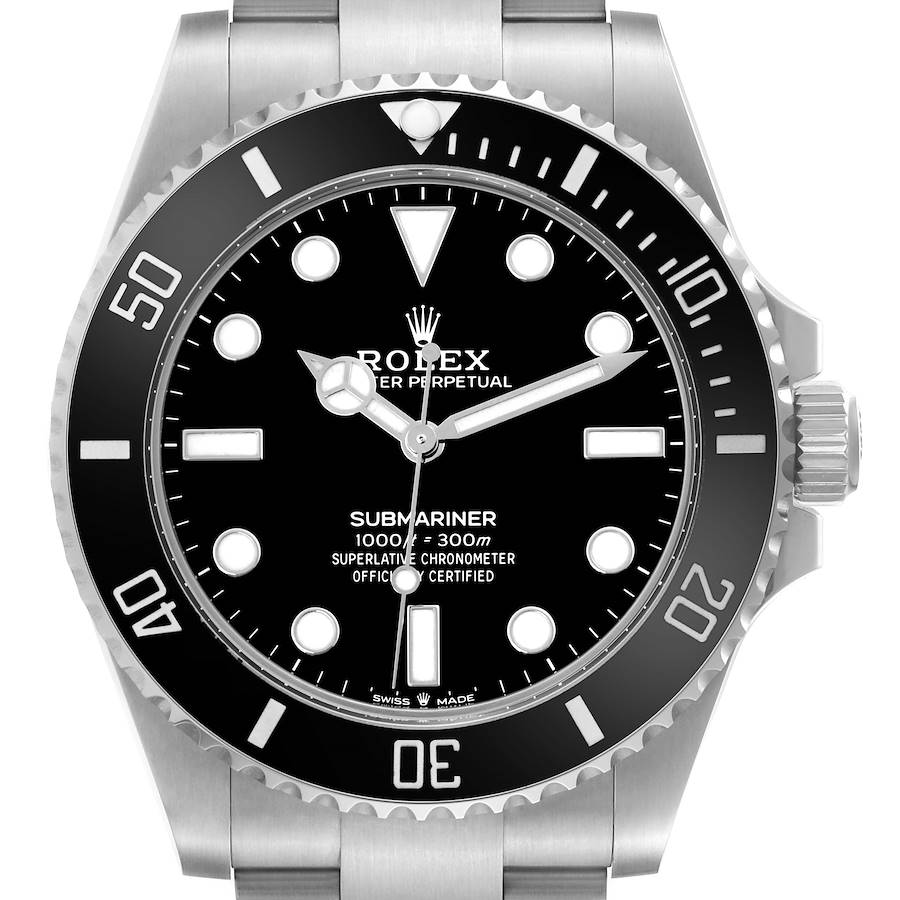 The image shows a front view of a Rolex Submariner watch, highlighting the dial, bezel, and crown.