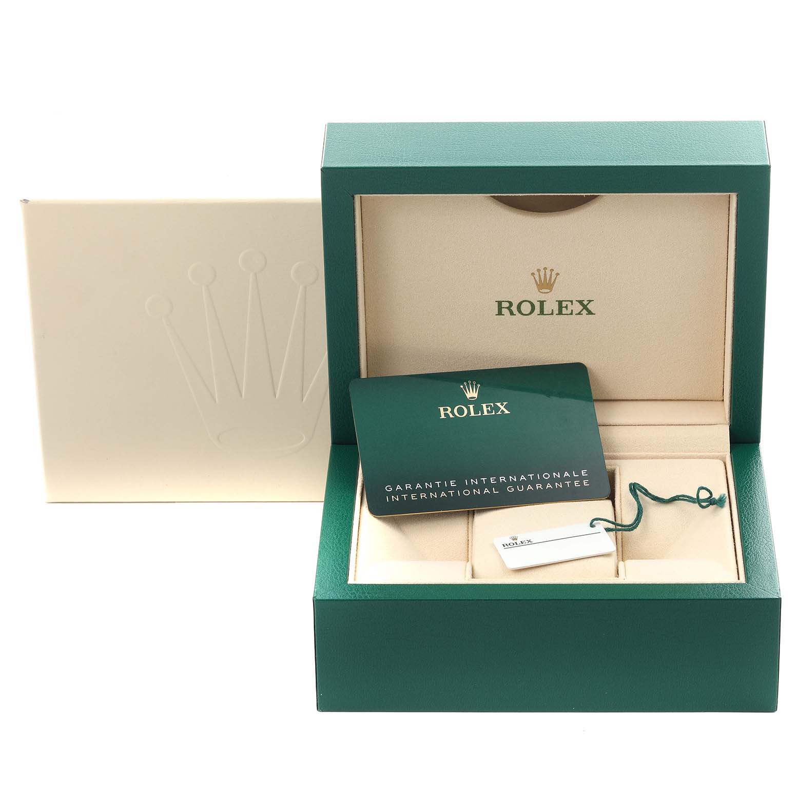 The image shows an open box for a Rolex Submariner 124060 Men's Stainless Steel Black Dial 124060 Men's Stainless Steel Black Dial watch with a guarantee card and tag inside.