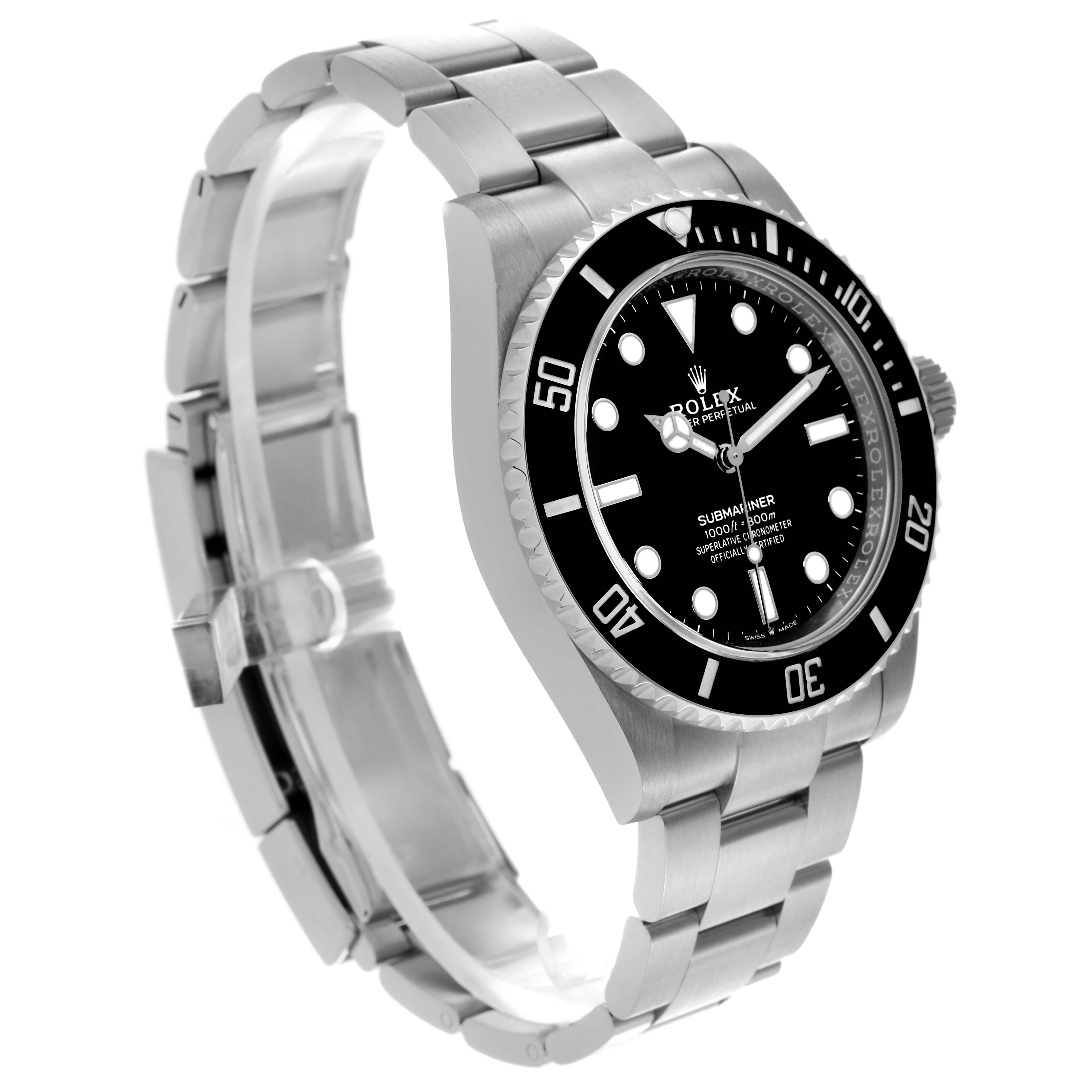 The Rolex Submariner 124060 Men's Stainless Steel Black Dial 124060 Men's Stainless Steel Black Dial watch is shown at a slight angle, highlighting the face, bezel, bracelet, and crown.