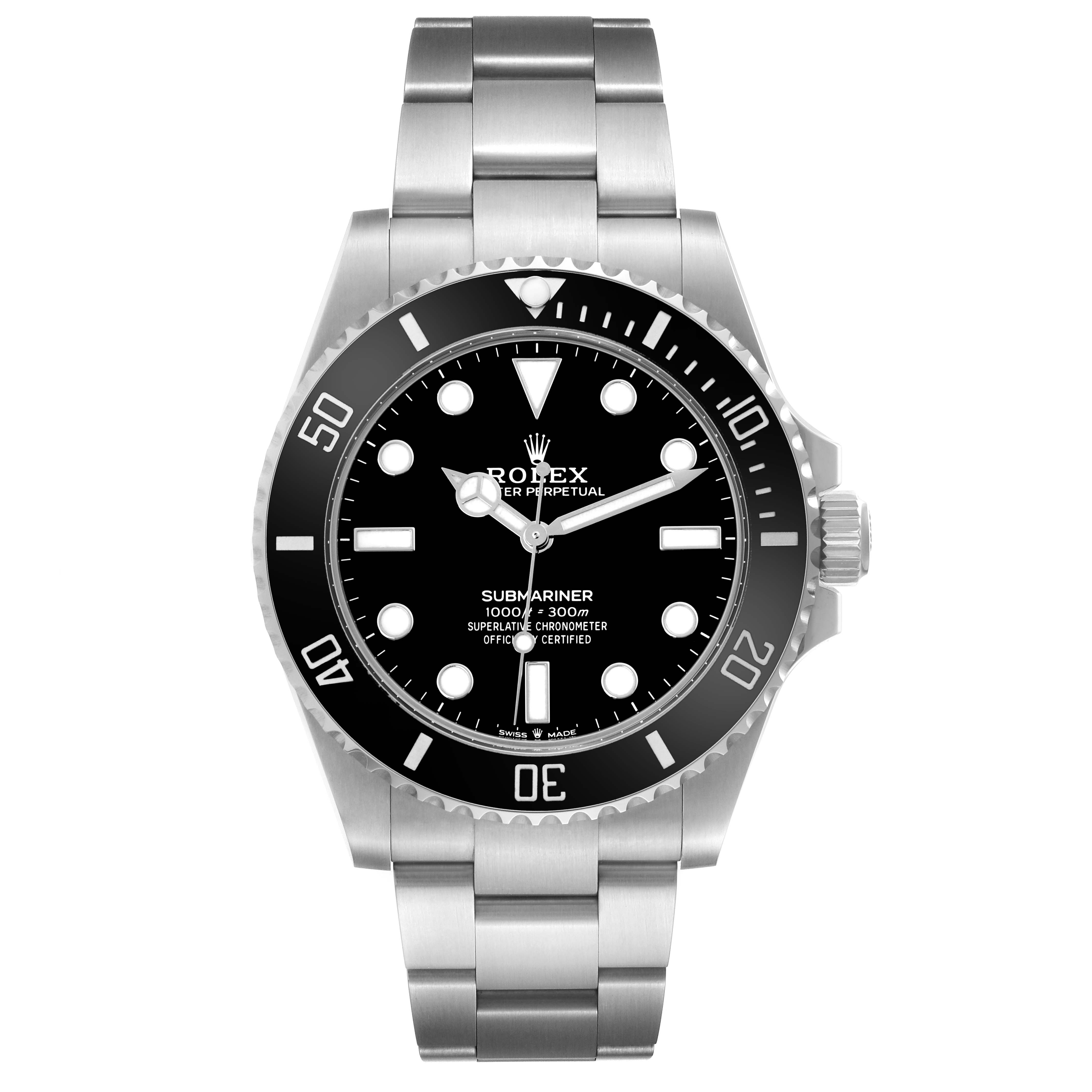 The Rolex Submariner 124060 Men's Stainless Steel Black Dial 124060 Men's Stainless Steel Black Dial watch is shown from a front angle, displaying the dial, bezel, and bracelet.